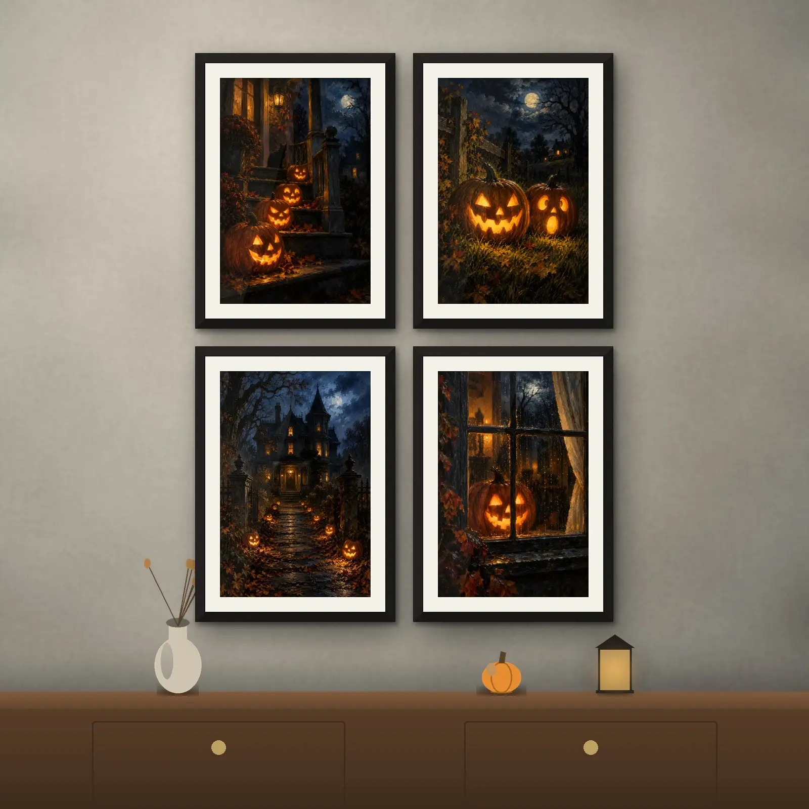 Jack-o'-Lantern Night Prints Set of 4, Printable Glowing Pumpkin Halloween Art preview
