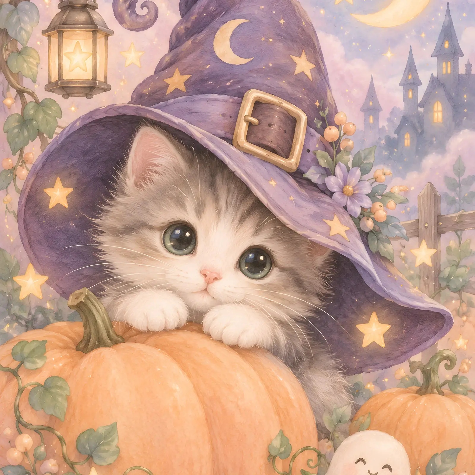 Little Witch Hat and Kitten Printable Nursery Wall Art, Cute Pastel Halloween Print preview