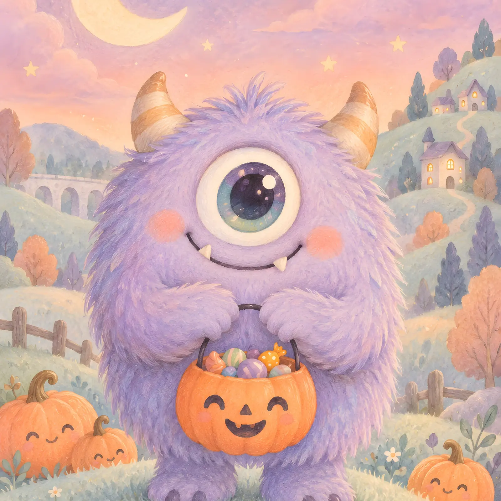 Friendly Monster with Candy Bucket Printable Kids Wall Art, Cute Halloween Print for Playrooms preview