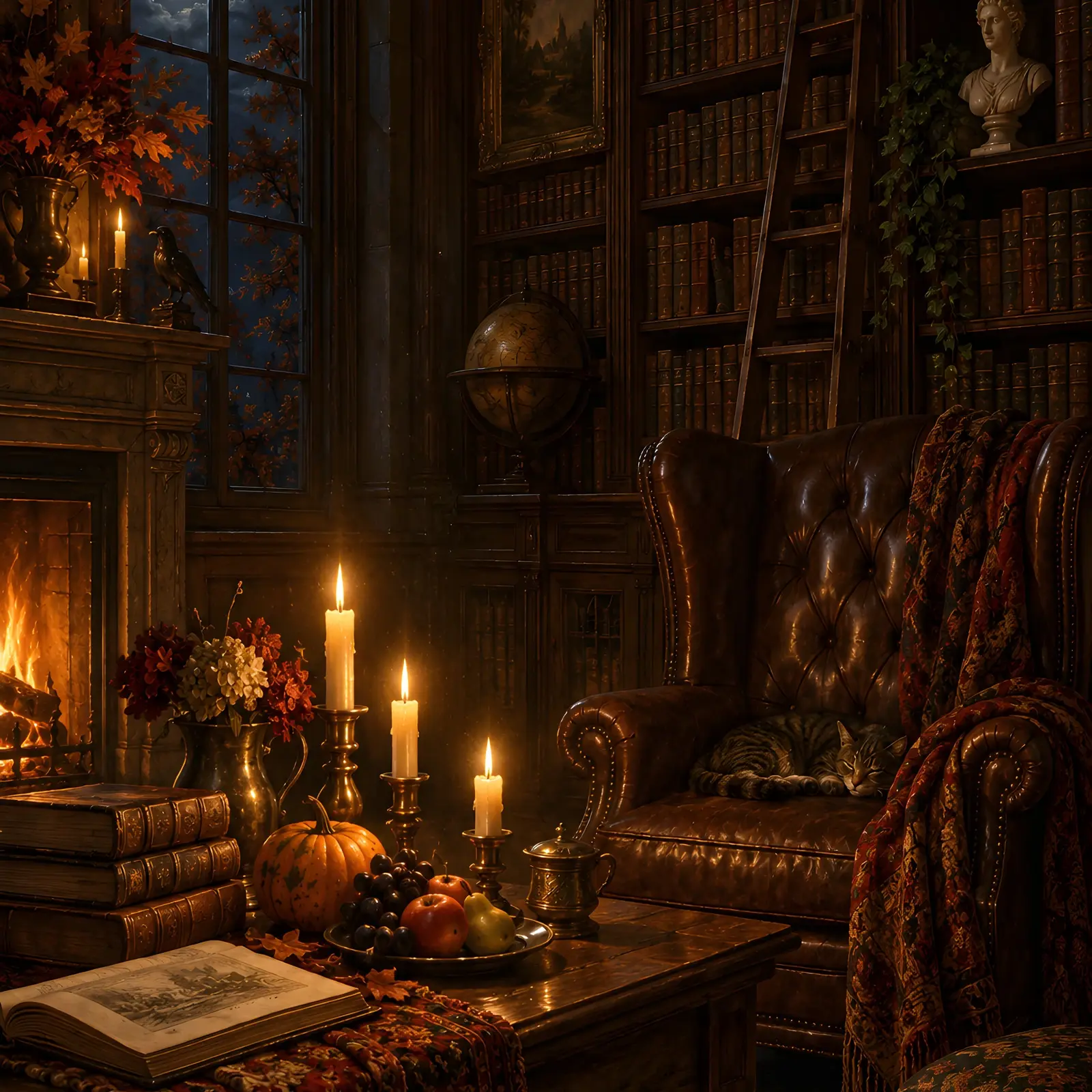 Dark Academia Library with Candles and Pumpkin Printable Wall Art, Autumn Study Painting preview
