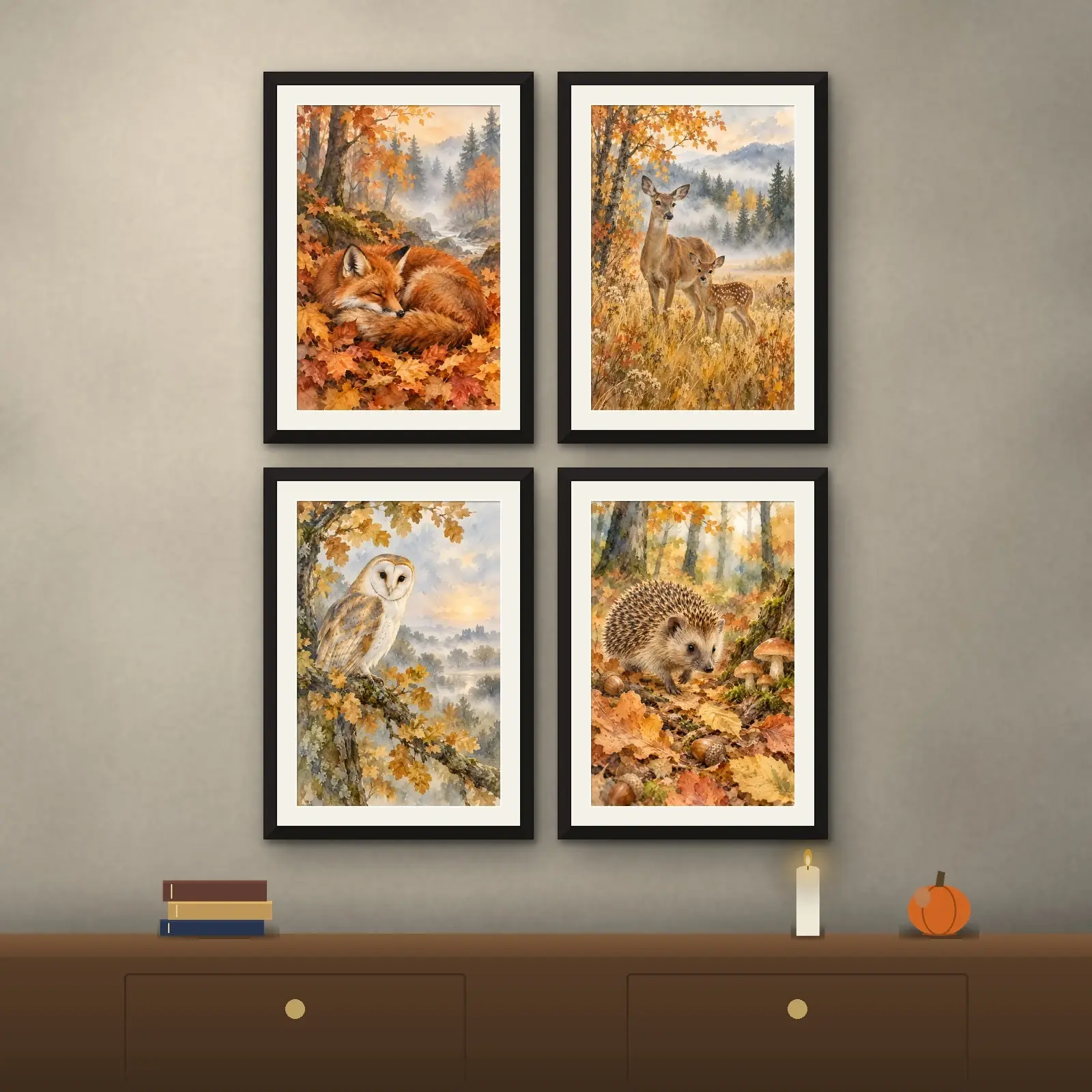 Autumn Woodland Animals Print Set of 4, Printable Fox Deer Owl and Hedgehog Art preview