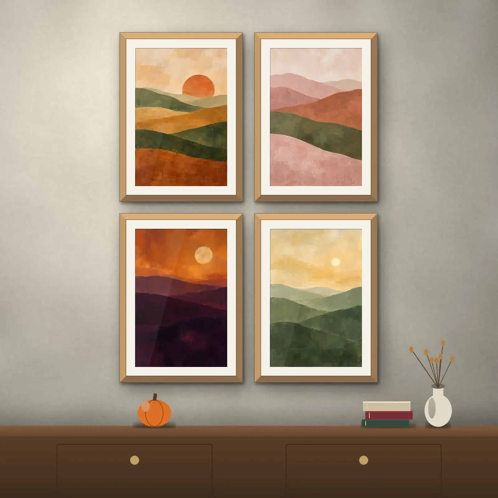 Abstract Autumn Landscape Print Set of 4, Printable Terracotta Sage Amber Modern Art preview