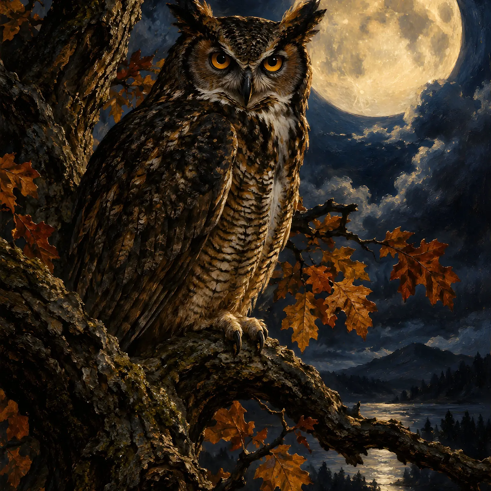 Great Horned Owl in a Moonlit Oak Printable Wall Art, Autumn Night Painting preview