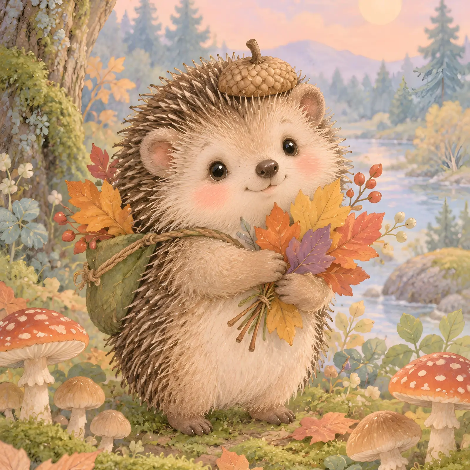 Hedgehog with Autumn Leaves Printable Nursery Art, Cozy Woodland Fall Print preview
