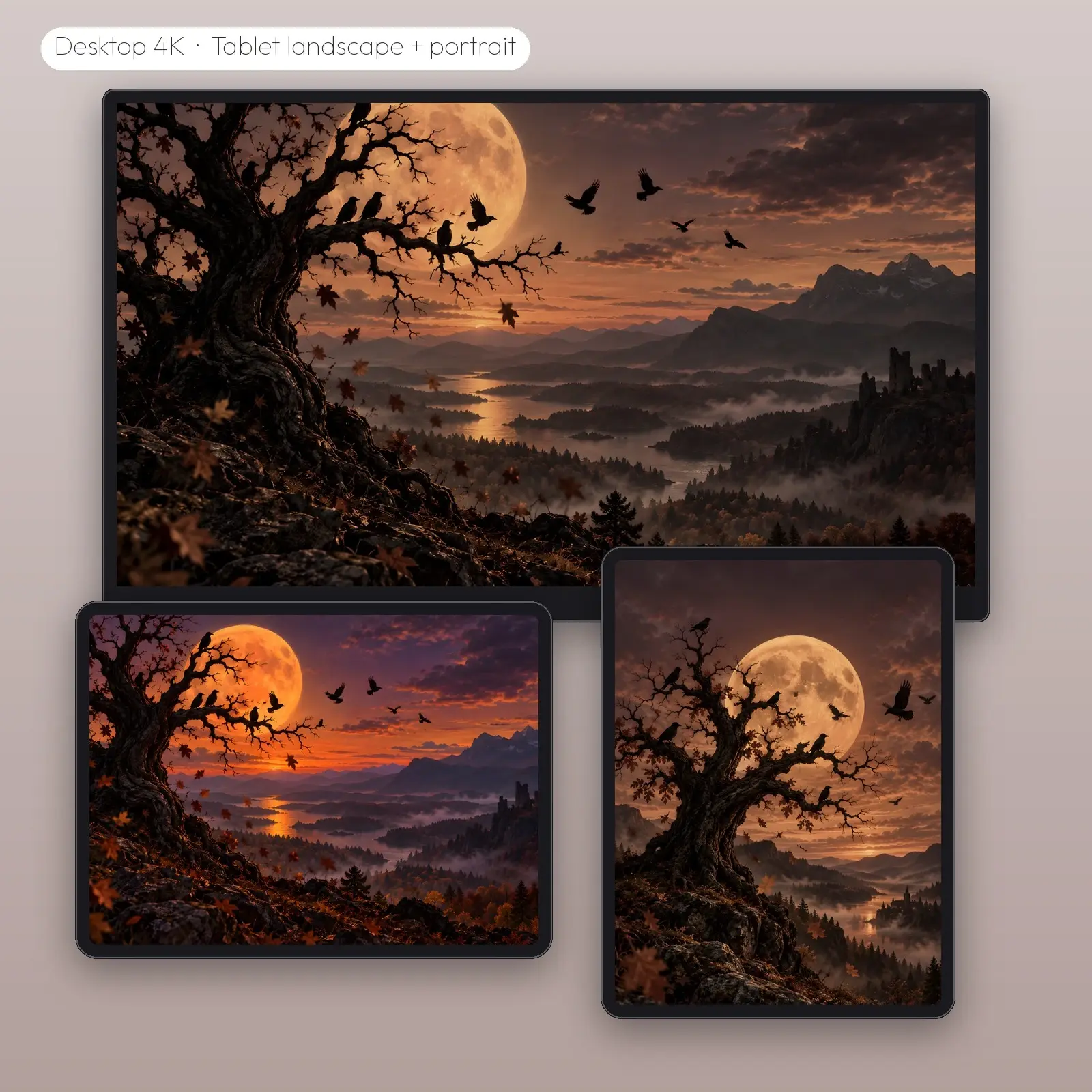Crows on the Orange Moon – 2 Designs, Phone Tablet Desktop 4K, preview 3 of 4