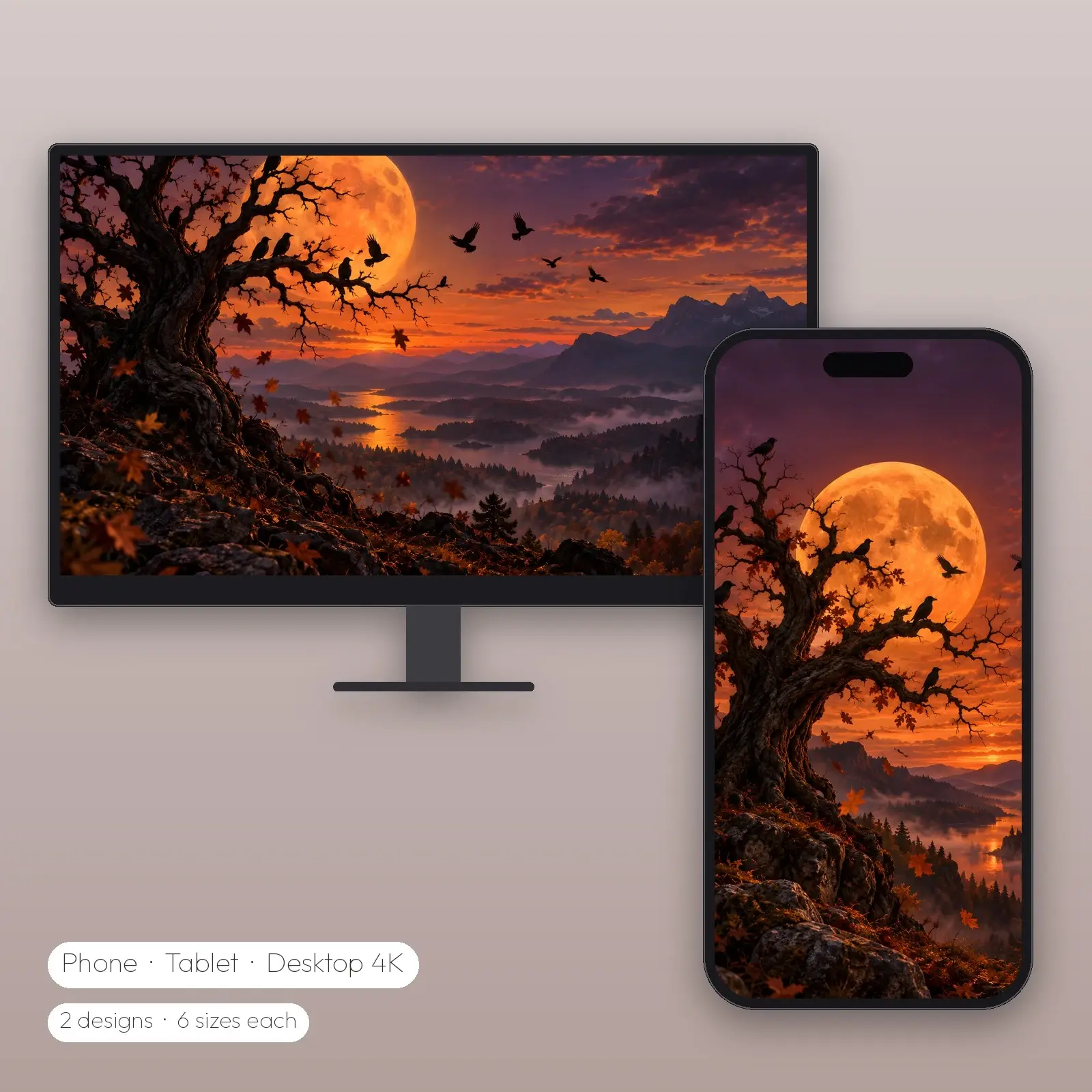 Crows on the Orange Moon – 2 Designs, Phone Tablet Desktop 4K preview