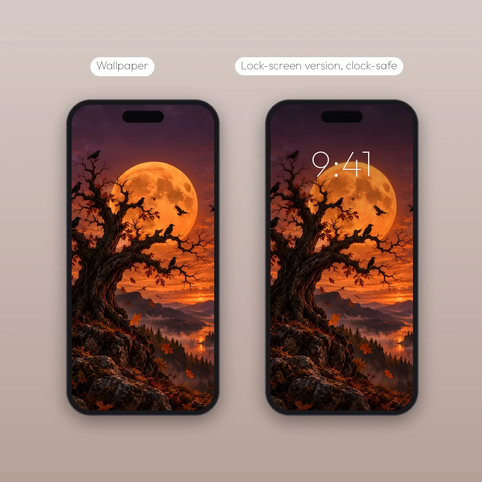 Crows on the Orange Moon – 2 Designs, Phone Tablet Desktop 4K, preview 4 of 4