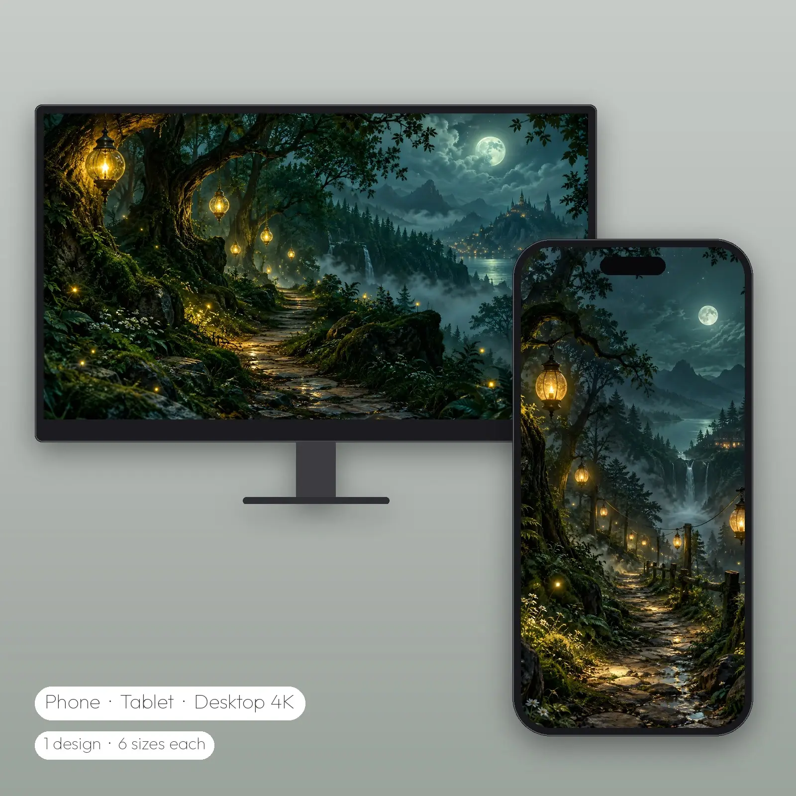 Lantern-Lit Forest Path Wallpaper – Phone, Tablet and Desktop 4K JPG preview