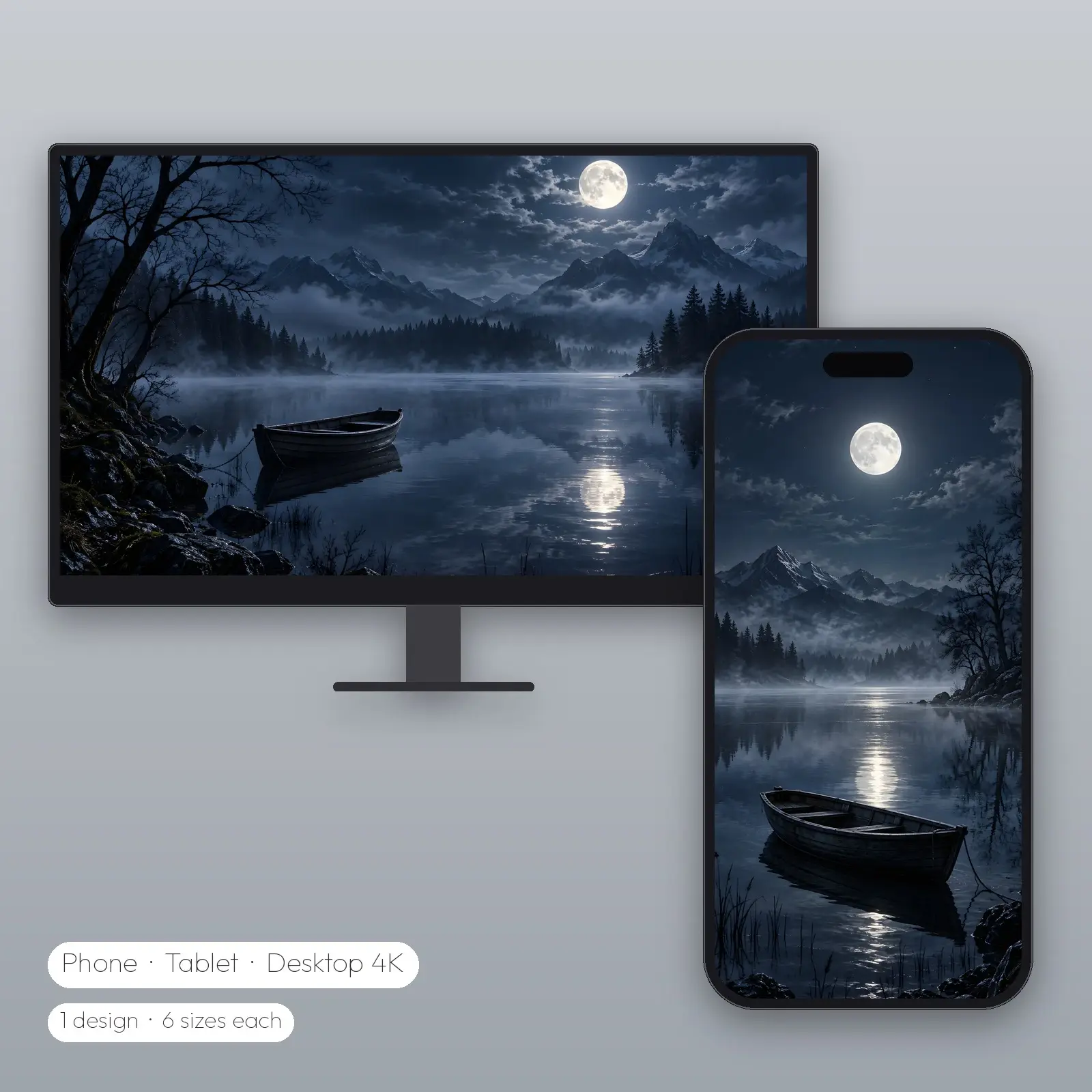 Rowboat on the Midnight Lake Wallpaper – Phone, Tablet and Desktop 4K JPG preview
