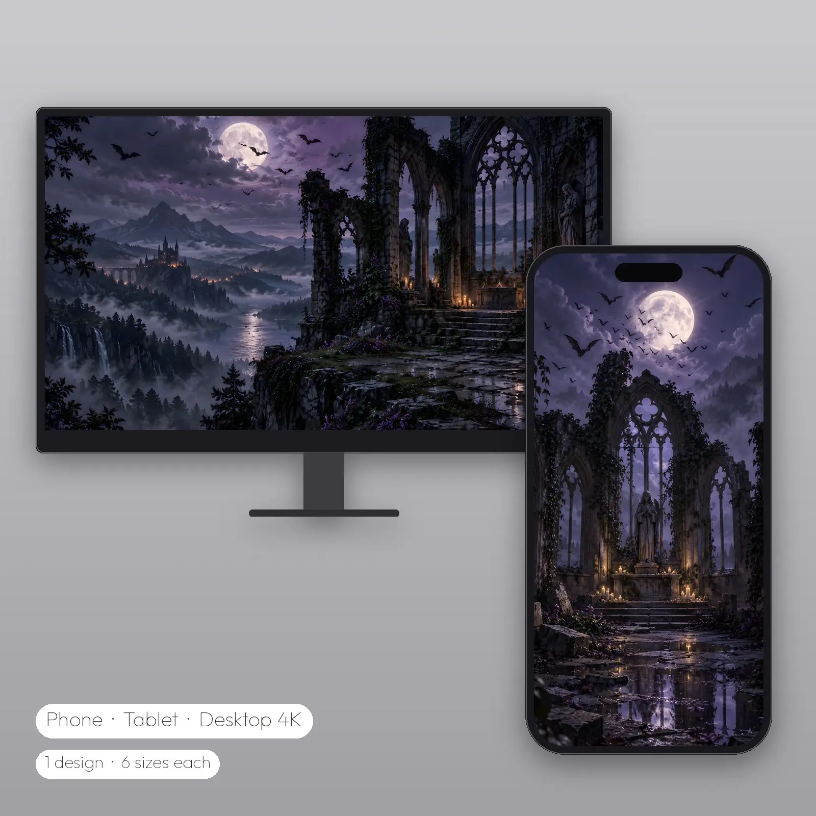 Ruined Chapel and Bats Wallpaper – Phone, Tablet and Desktop 4K JPG preview