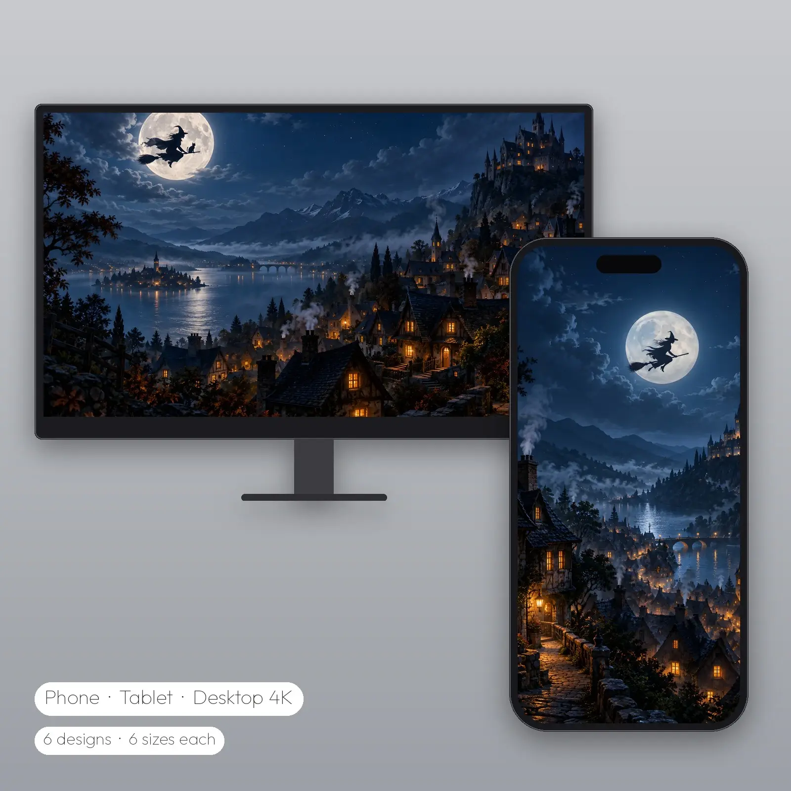 Crooked Village and Rooftop Black Cat Halloween Wallpapers in Three Colorways – 6 Designs, Phone Tablet Desktop 4K preview