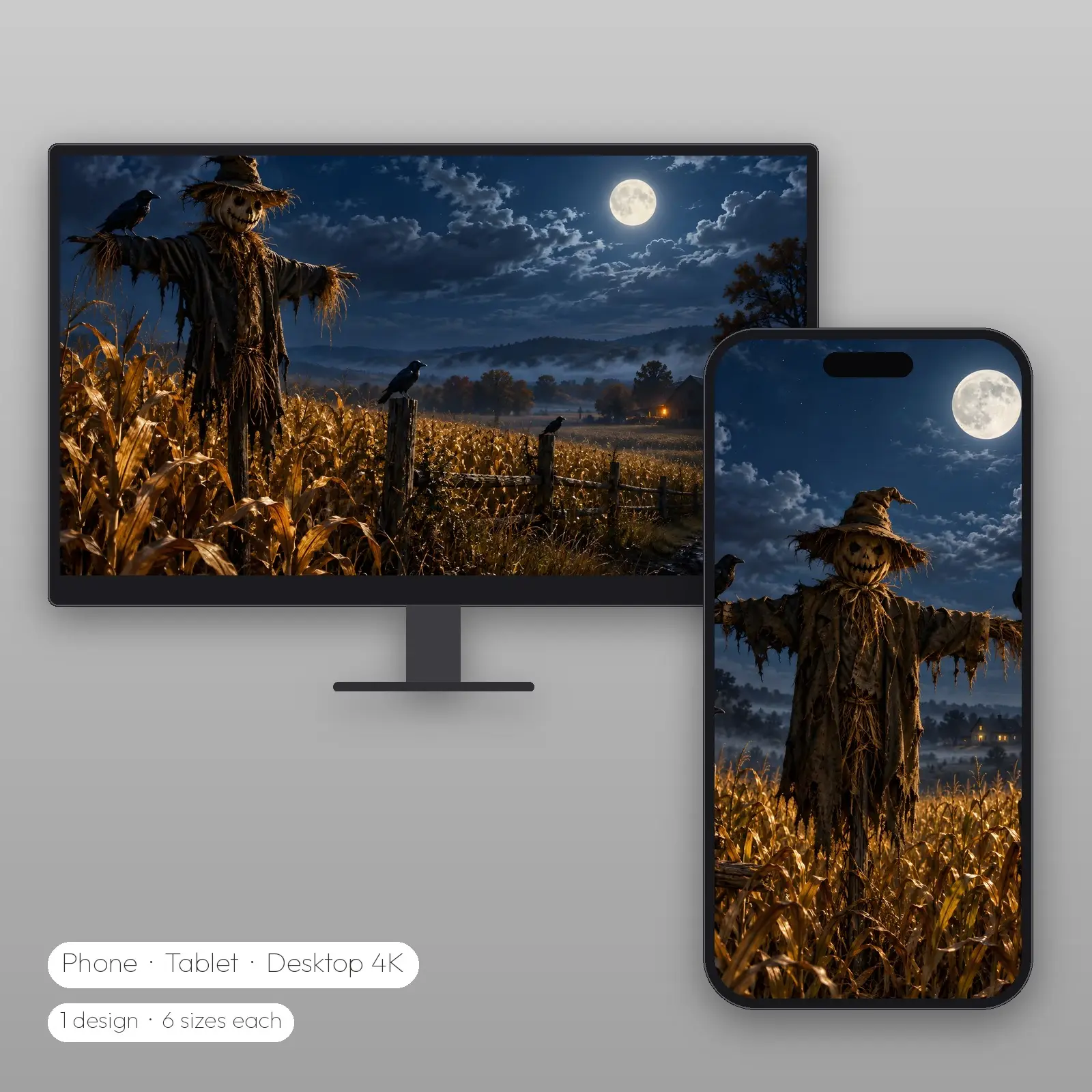Scarecrow in the Moonlit Corn Wallpaper – Phone, Tablet and Desktop 4K JPG preview