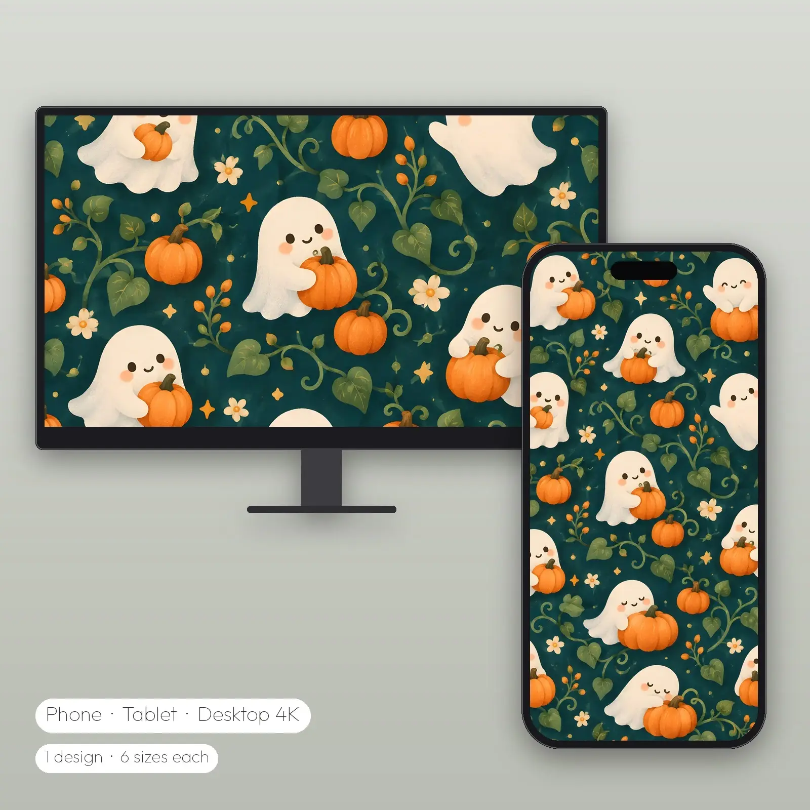 Teal Pumpkin Ghosts Wallpaper – Phone, Tablet and Desktop 4K JPG preview