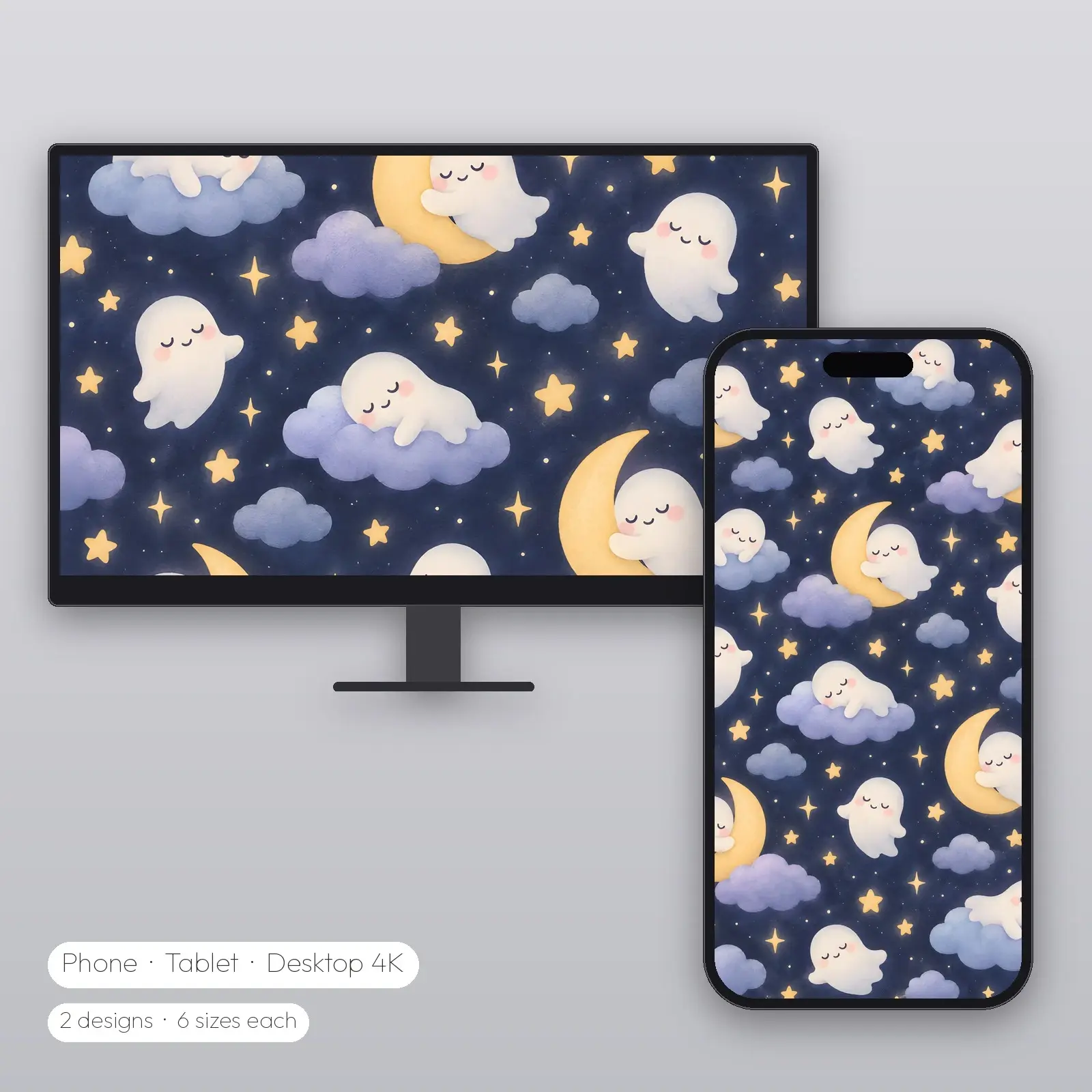 Sleepy Moon Ghosts – 2 Designs, Phone Tablet Desktop 4K preview