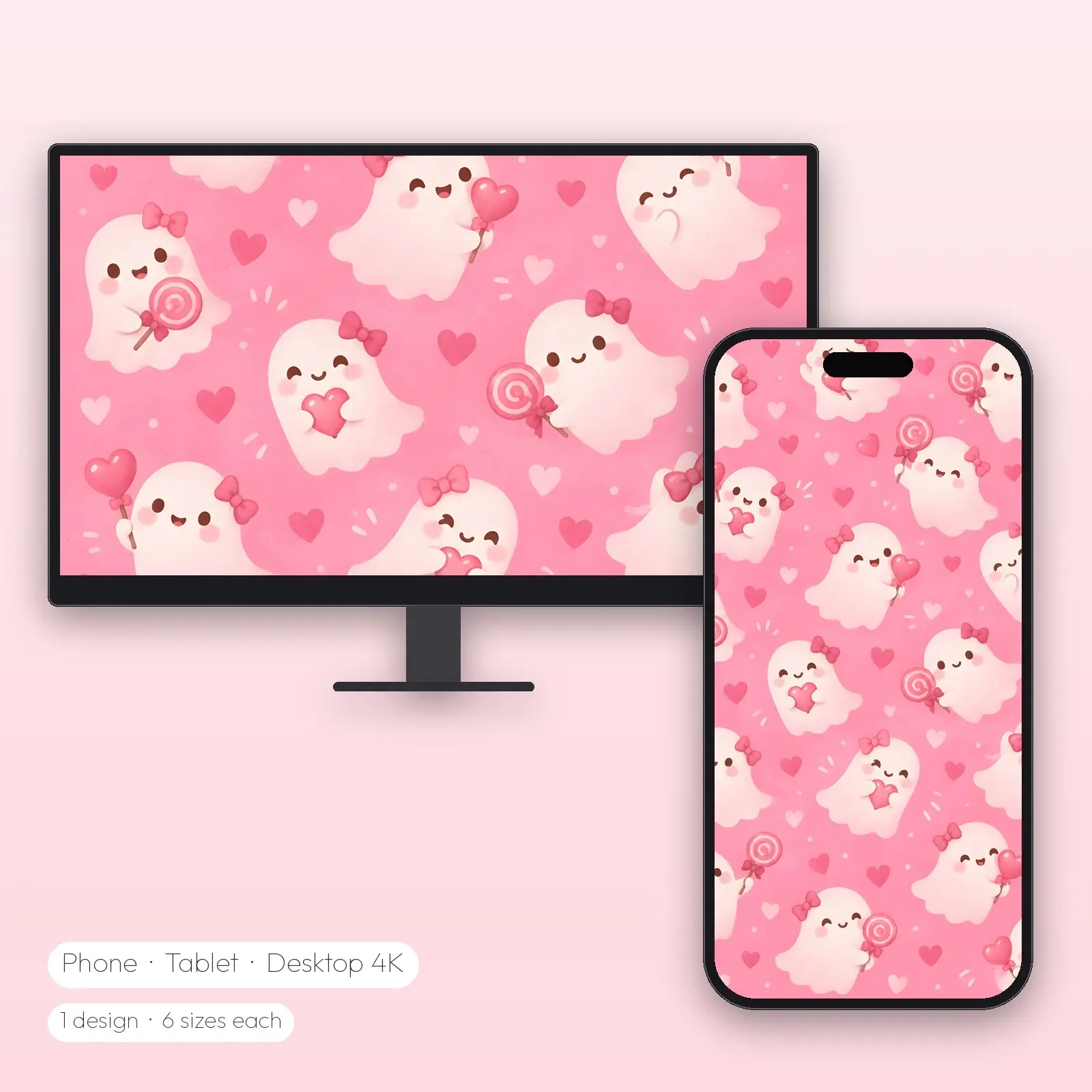 Pink Bow Ghosts Wallpaper – Phone, Tablet and Desktop 4K JPG preview