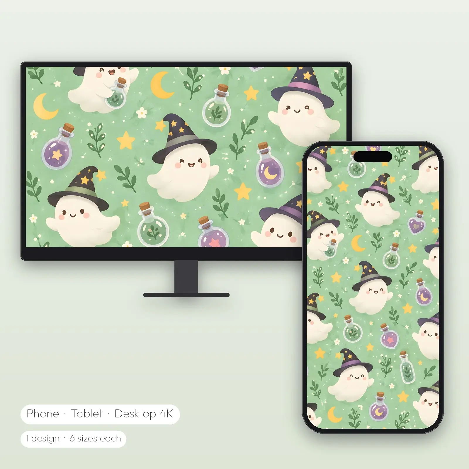 Little Witch Hat Ghosts Wallpaper – Phone, Tablet and Desktop 4K JPG preview