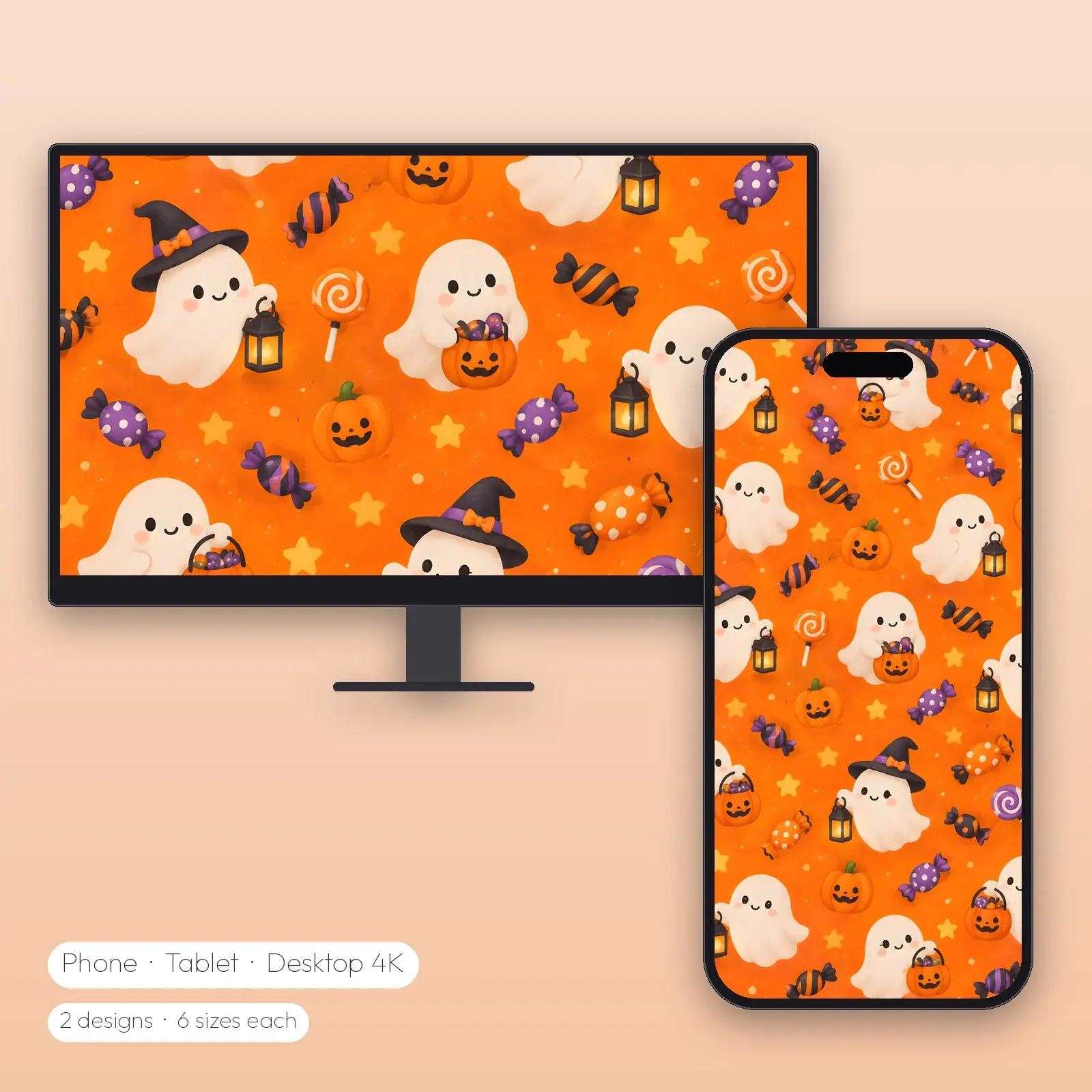 Trick-or-Treat Parade and Kitten Ghost Pattern Wallpapers – 2 Designs, Phone Tablet Desktop 4K preview