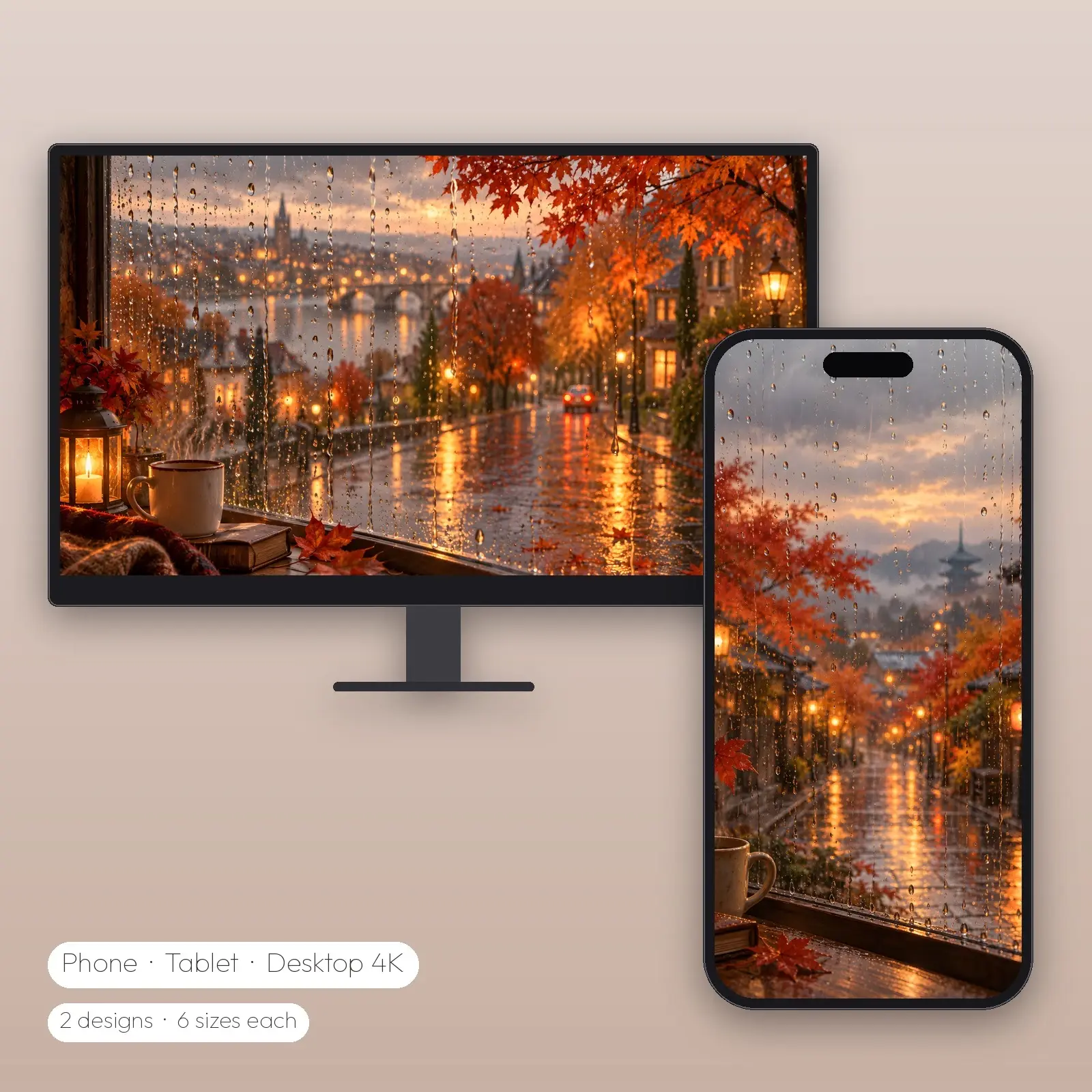 Rainy Window on Maple Street – 2 Designs, Phone Tablet Desktop 4K preview