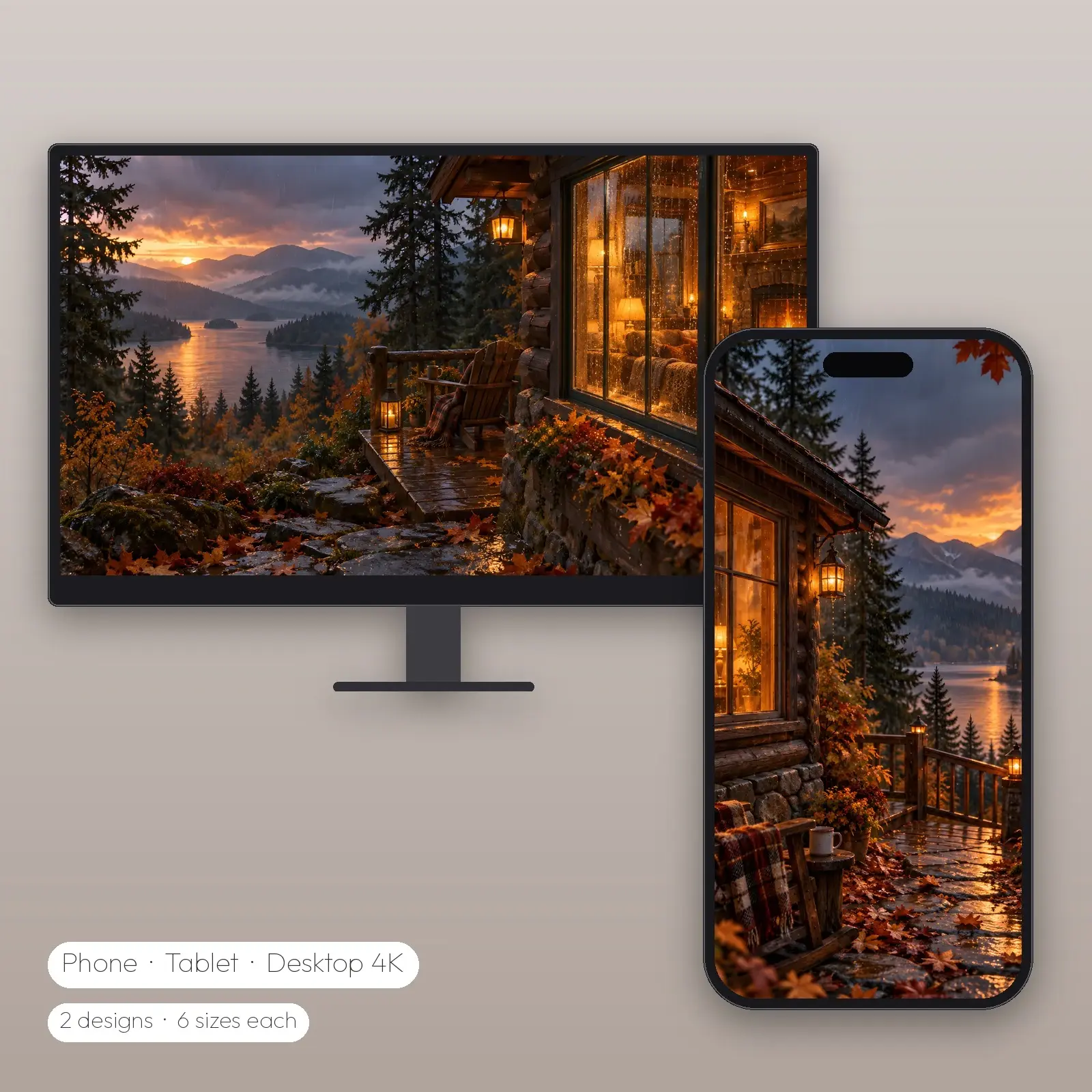 Lamplit Cabin in the Rain – 2 Designs, Phone Tablet Desktop 4K preview