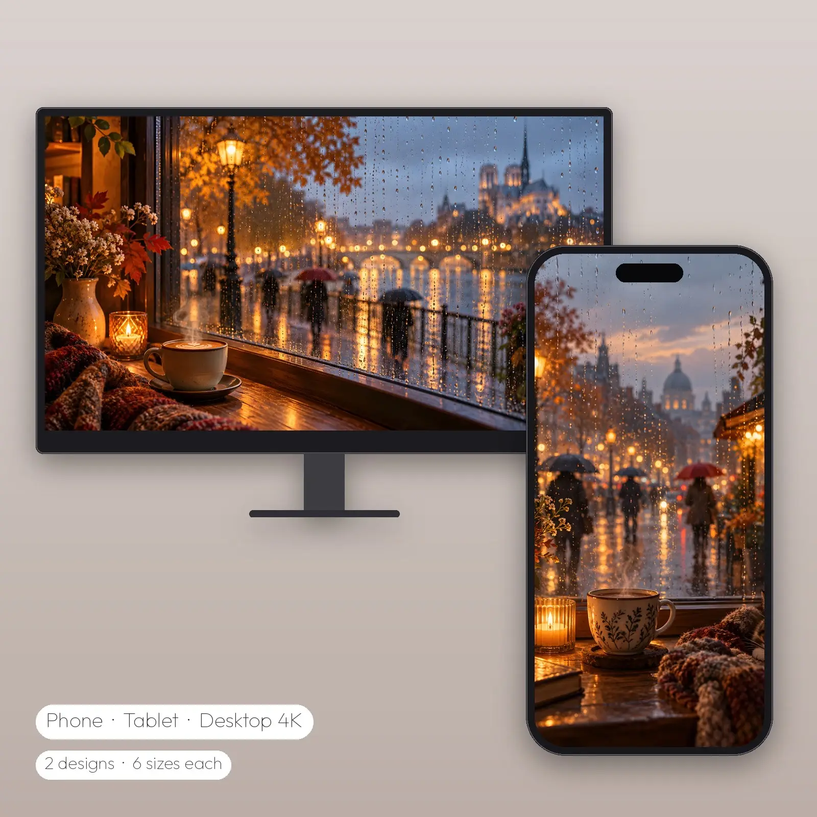 Cafe Window Rain Bokeh – 2 Designs, Phone Tablet Desktop 4K preview