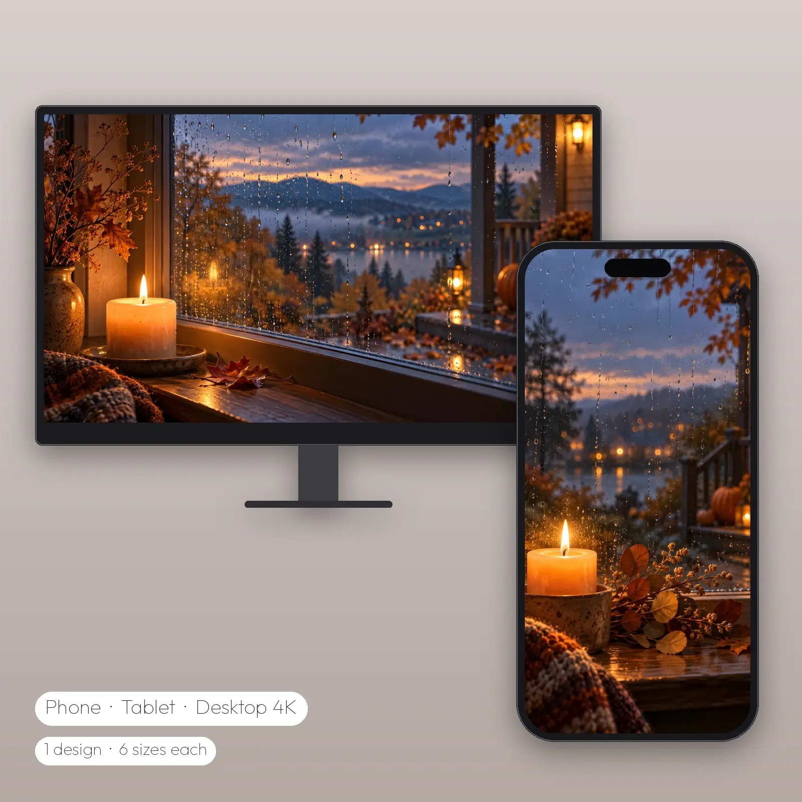 Candlelight and Rainfall Wallpaper – Phone, Tablet and Desktop 4K JPG preview