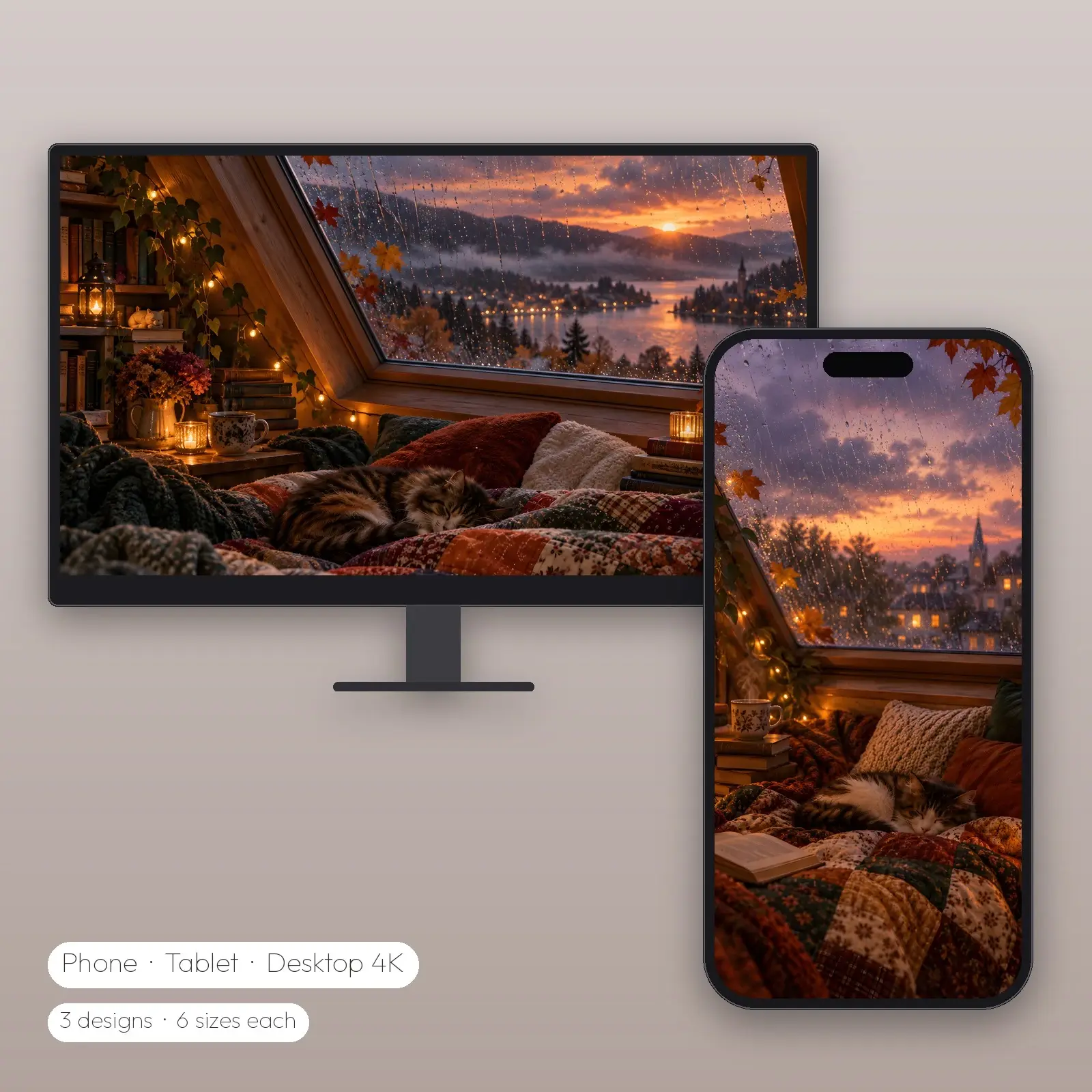 Attic Skylight Rain – 3 Designs, Phone Tablet Desktop 4K preview
