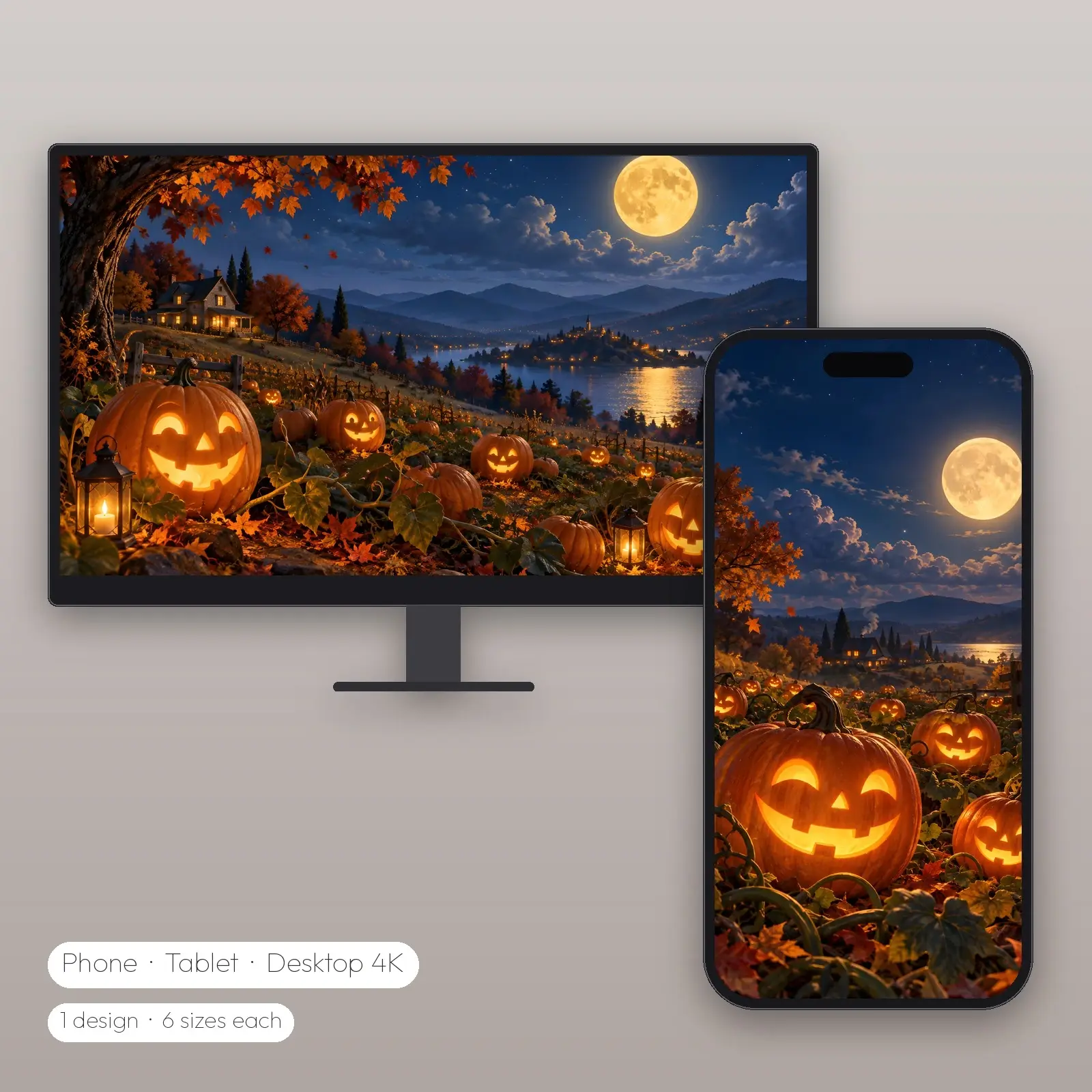 Moonlit Jack-o-Lantern Field Wallpaper – Phone, Tablet and Desktop 4K JPG preview