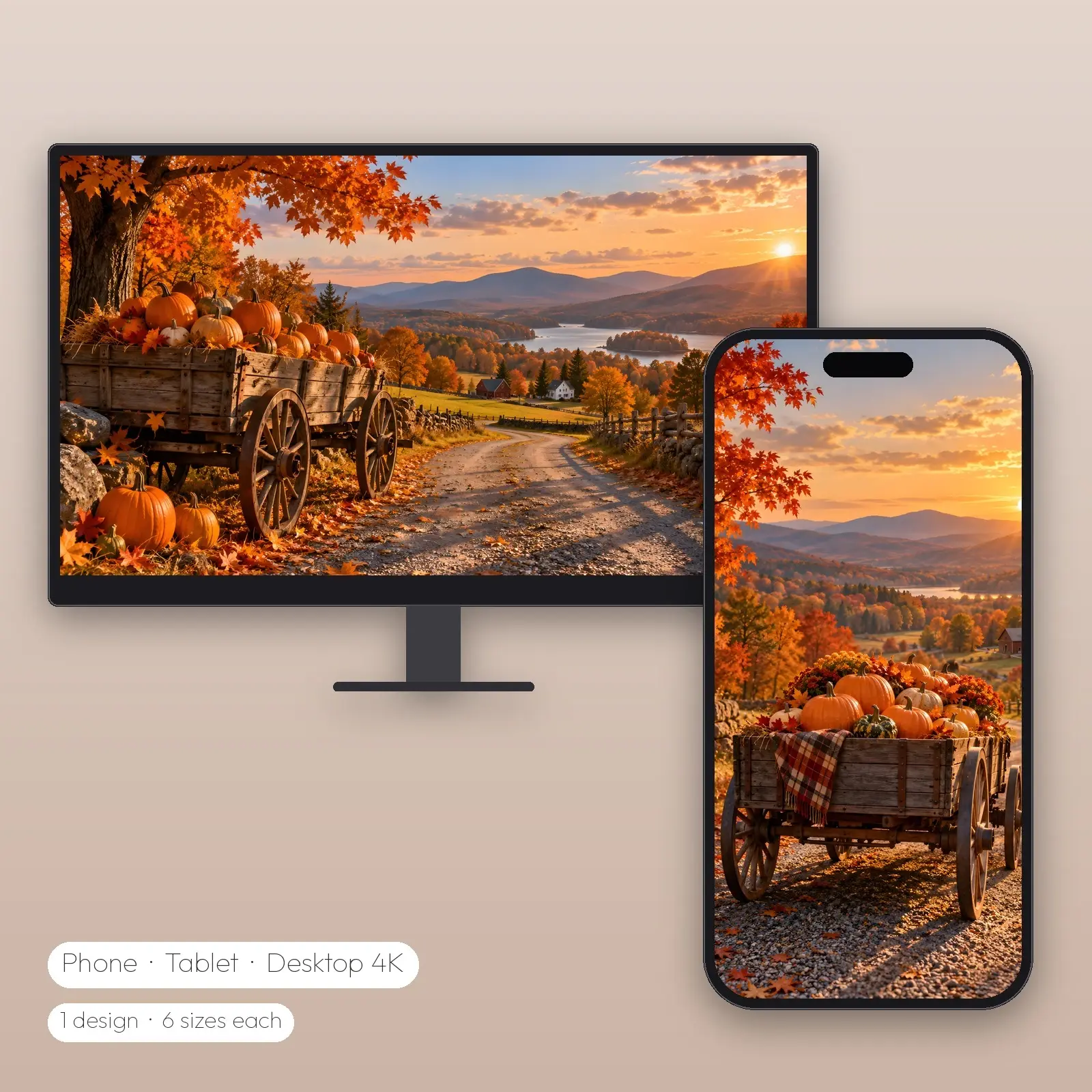 Pumpkin Wagon on a Country Road Wallpaper – Phone, Tablet and Desktop 4K JPG preview