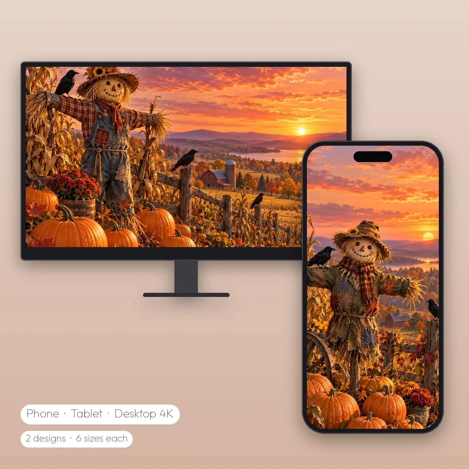Friendly Scarecrow Pumpkin Patch – 2 Designs, Phone Tablet Desktop 4K preview