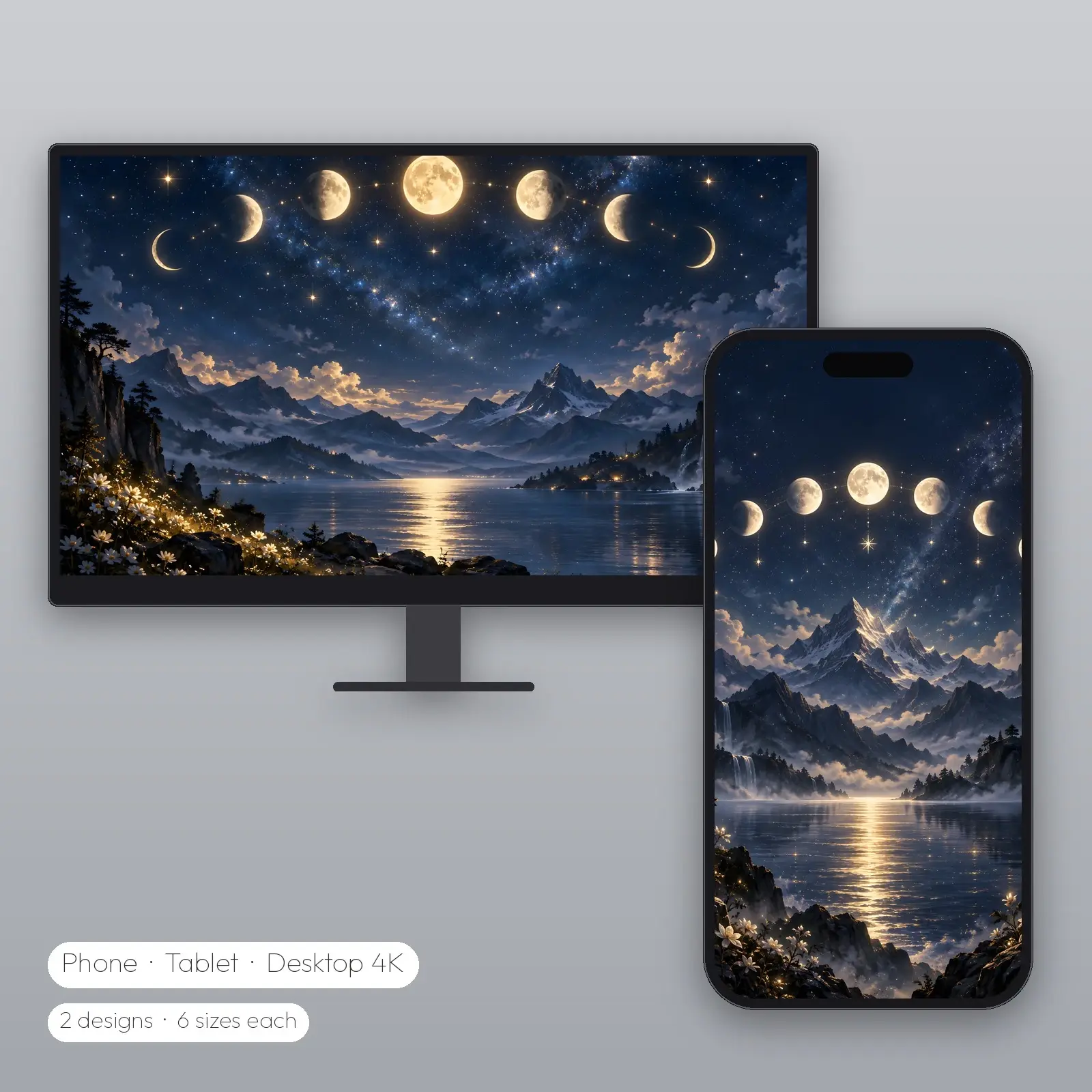 Moon Phase Arc – 2 Designs, Phone Tablet Desktop 4K, preview 1 of 4