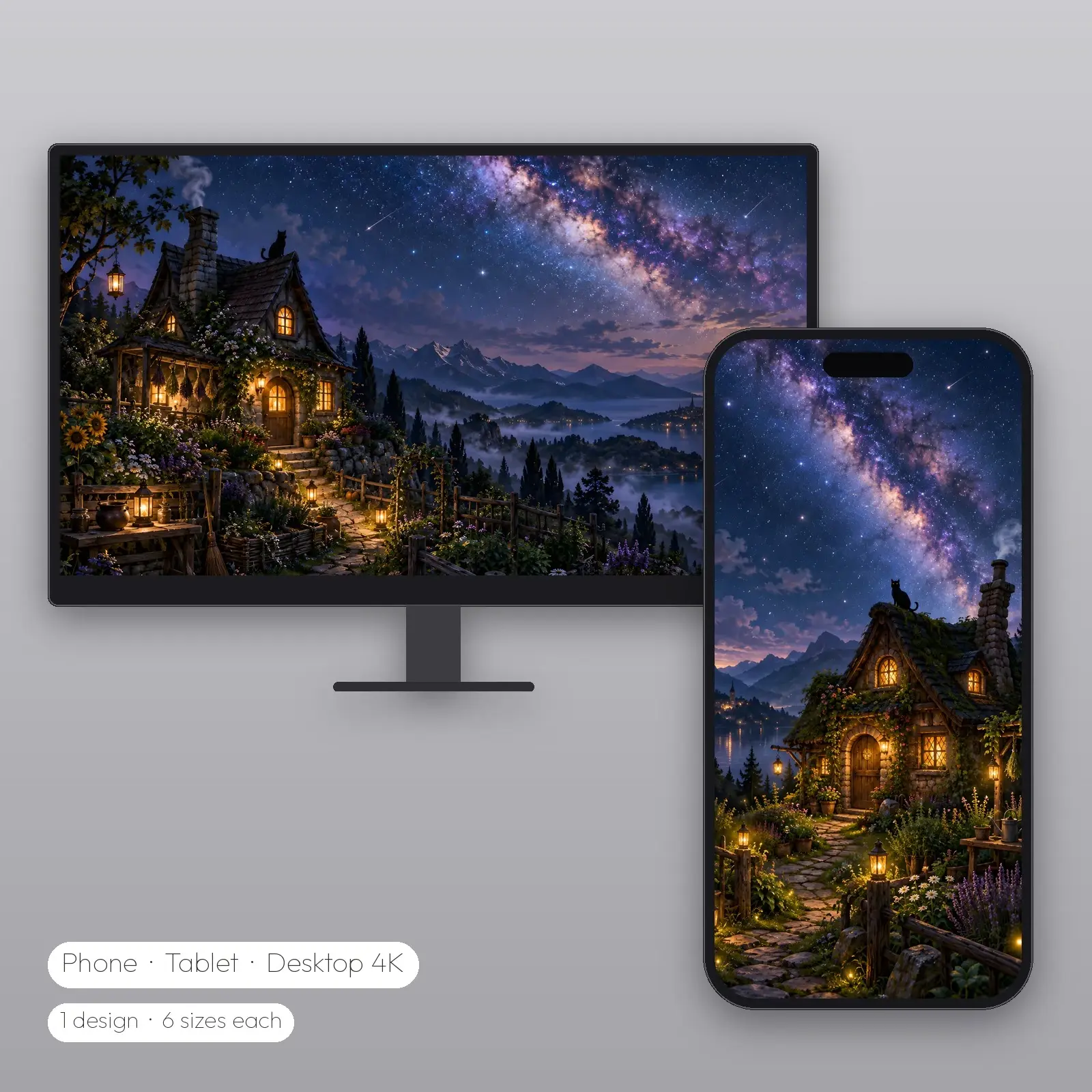 Witch Cottage Under the Stars Wallpaper – Phone, Tablet and Desktop 4K JPG preview