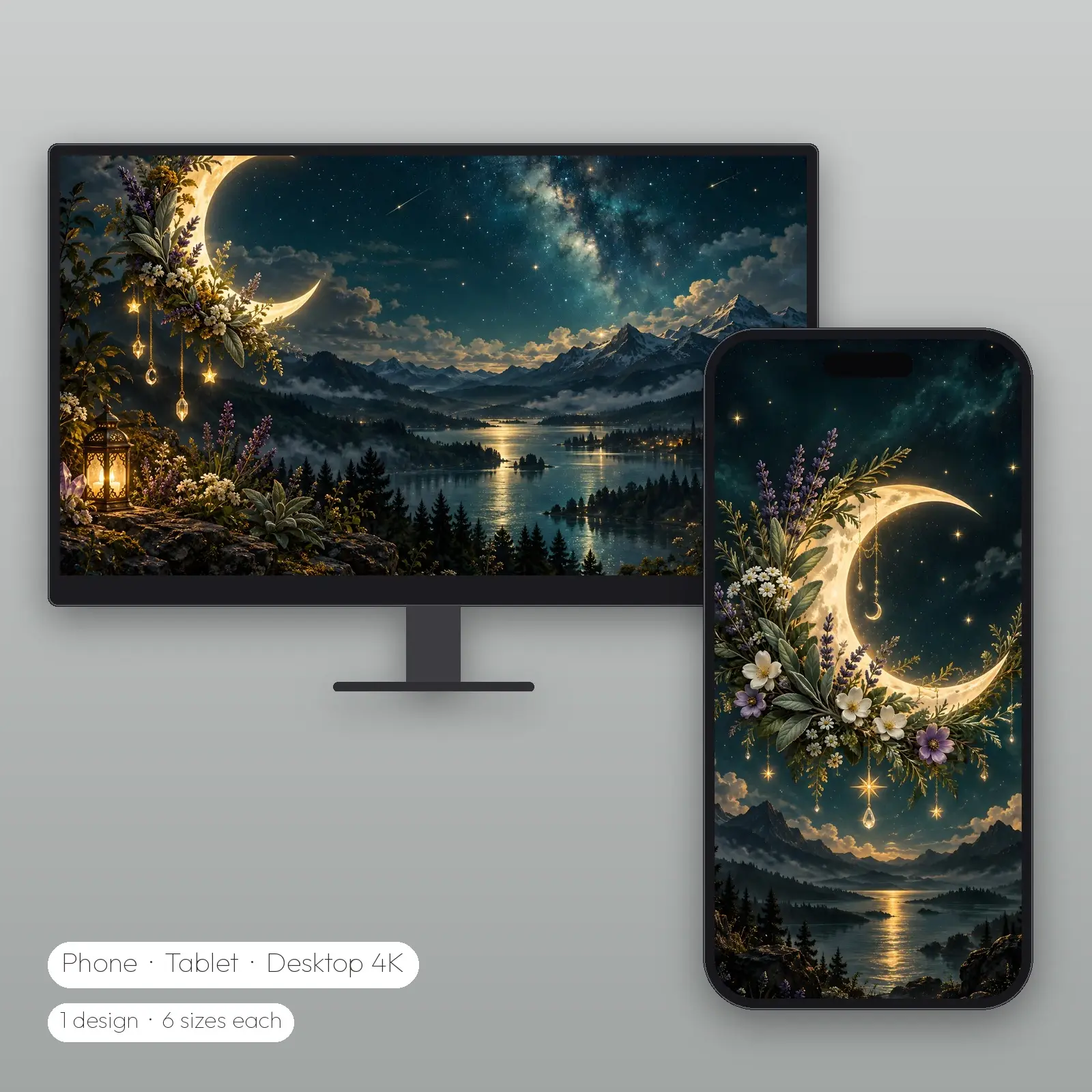 Crescent Moon Herb Wreath Wallpaper – Phone, Tablet and Desktop 4K JPG preview