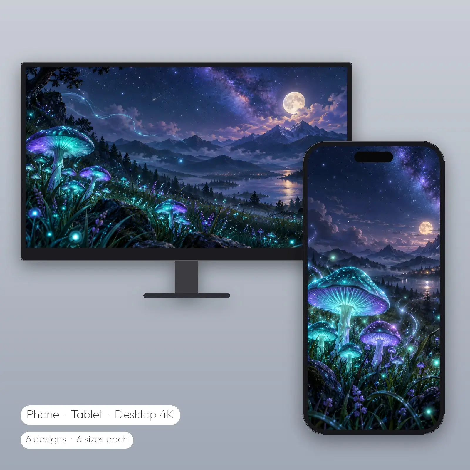 Glowing Mushroom Meadow and Cauldron Shooting Stars Witchy Wallpapers in Three Colorways – 6 Designs preview