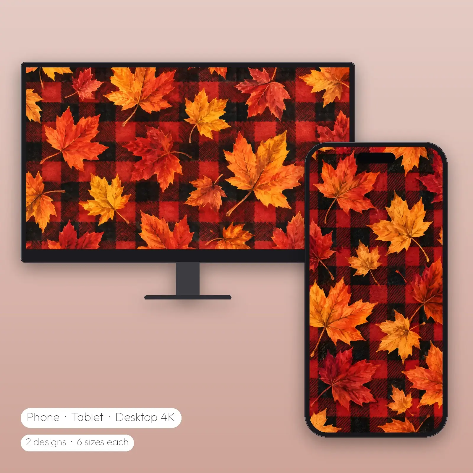 Maple Leaves on Red Plaid – 2 Designs, Phone Tablet Desktop 4K preview