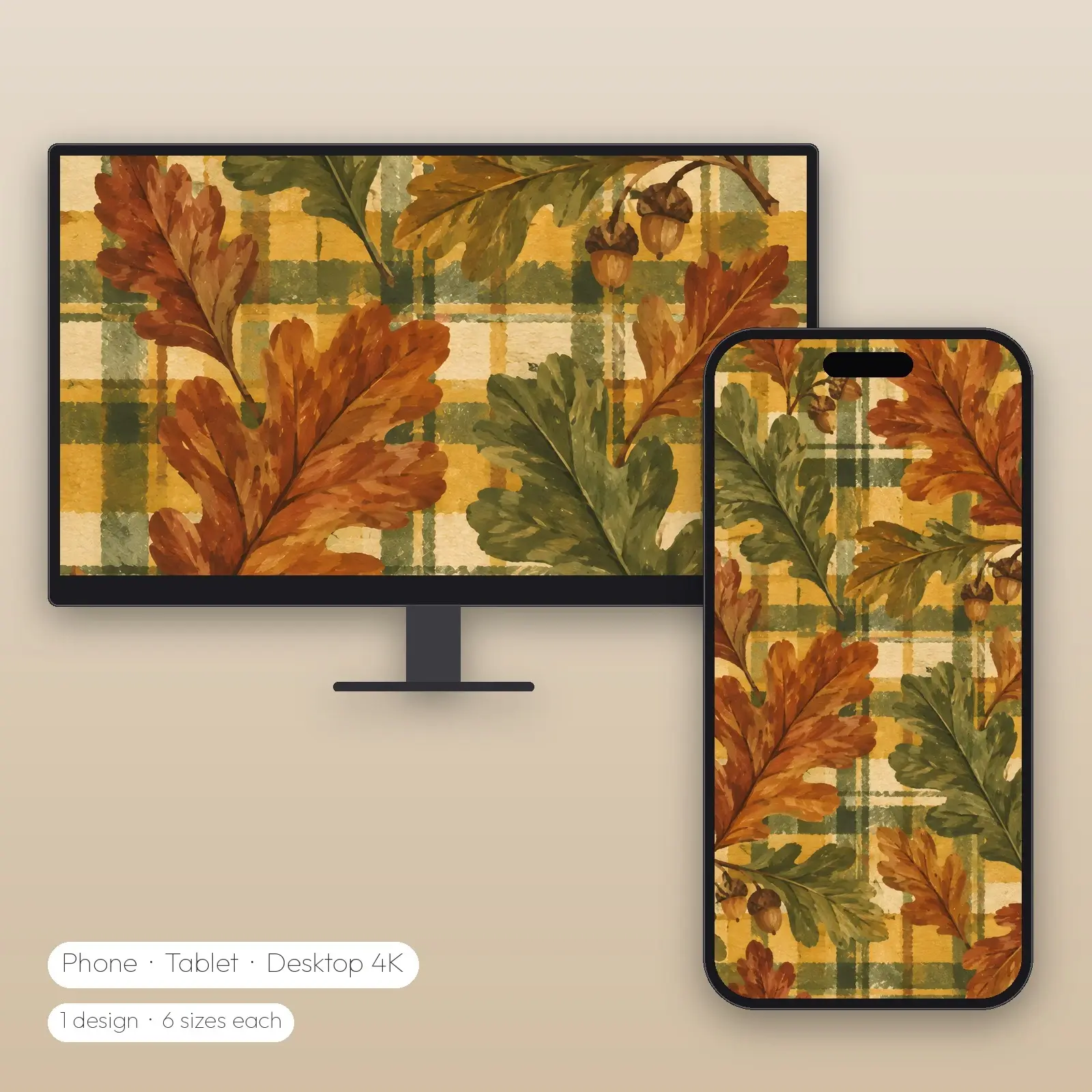 Oak Leaves on Mustard Plaid Wallpaper – Phone, Tablet and Desktop 4K JPG preview