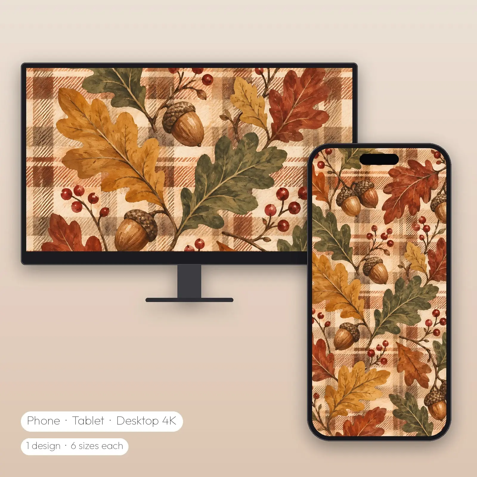 Acorns on Cream Plaid Wallpaper – Phone, Tablet and Desktop 4K JPG preview