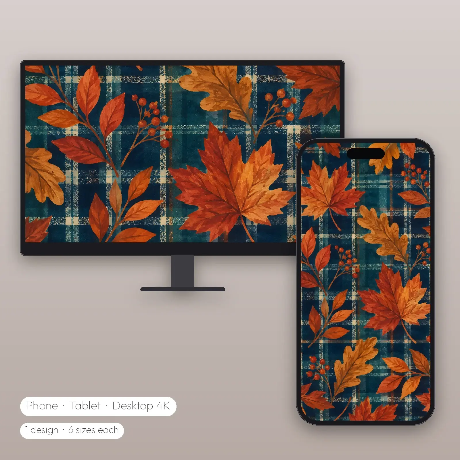 Teal and Rust Plaid Leaves Wallpaper – Phone, Tablet and Desktop 4K JPG preview