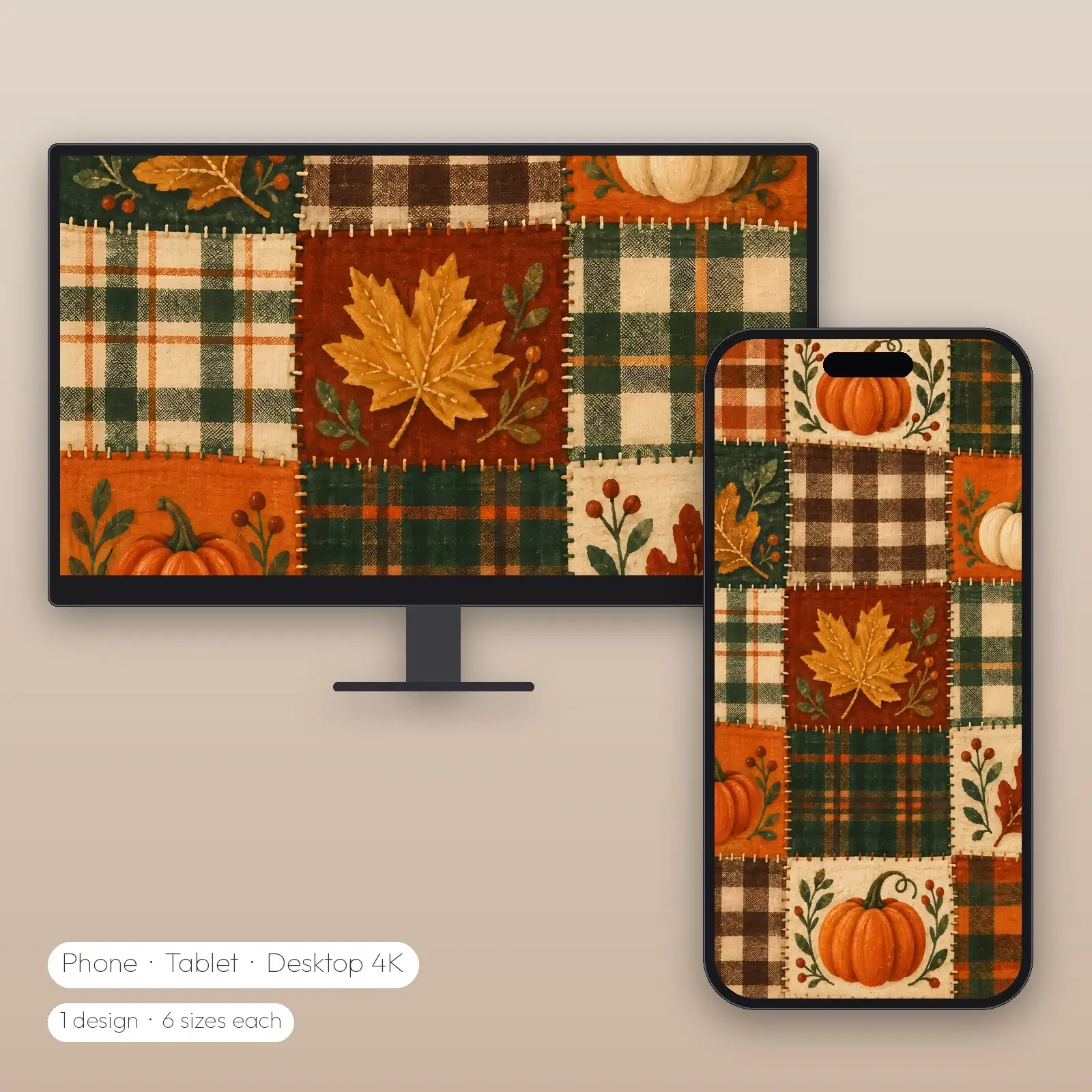 Pumpkin Plaid Patchwork Wallpaper – Phone, Tablet and Desktop 4K JPG preview