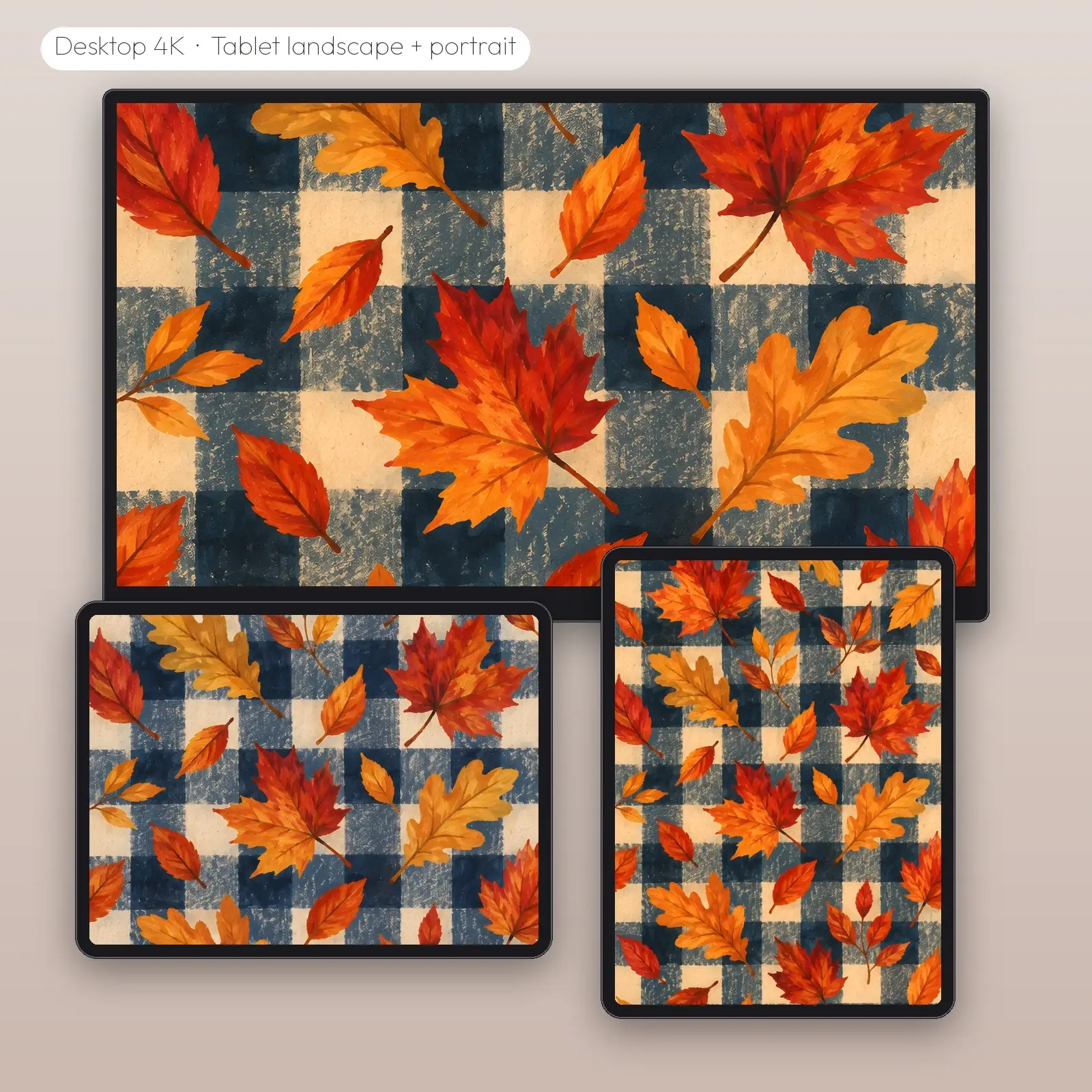 Falling Leaves on Navy Check – 2 Designs, Phone Tablet Desktop 4K, preview 3 of 4