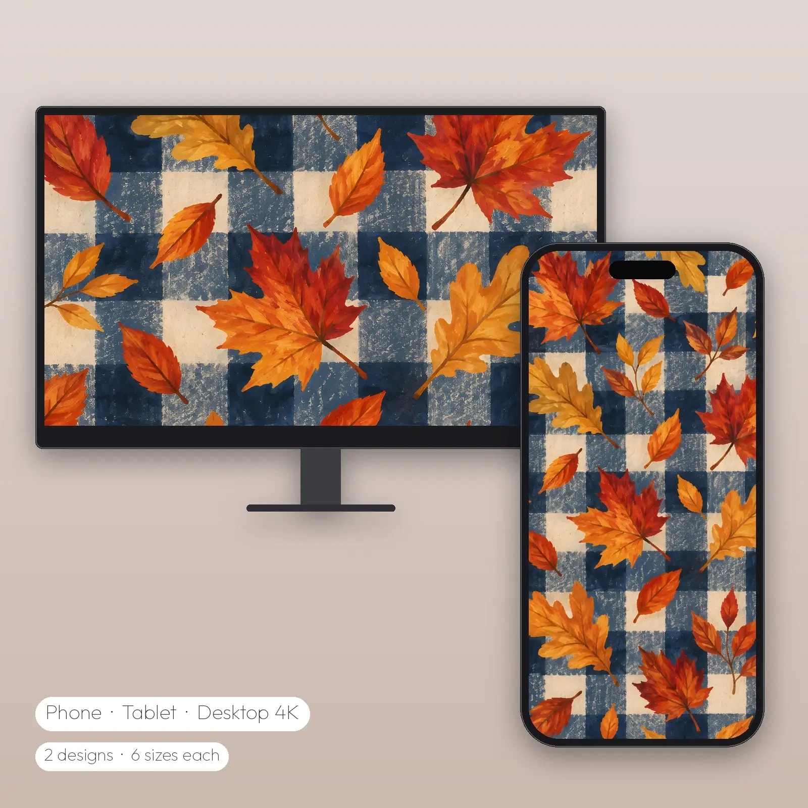 Falling Leaves on Navy Check – 2 Designs, Phone Tablet Desktop 4K preview