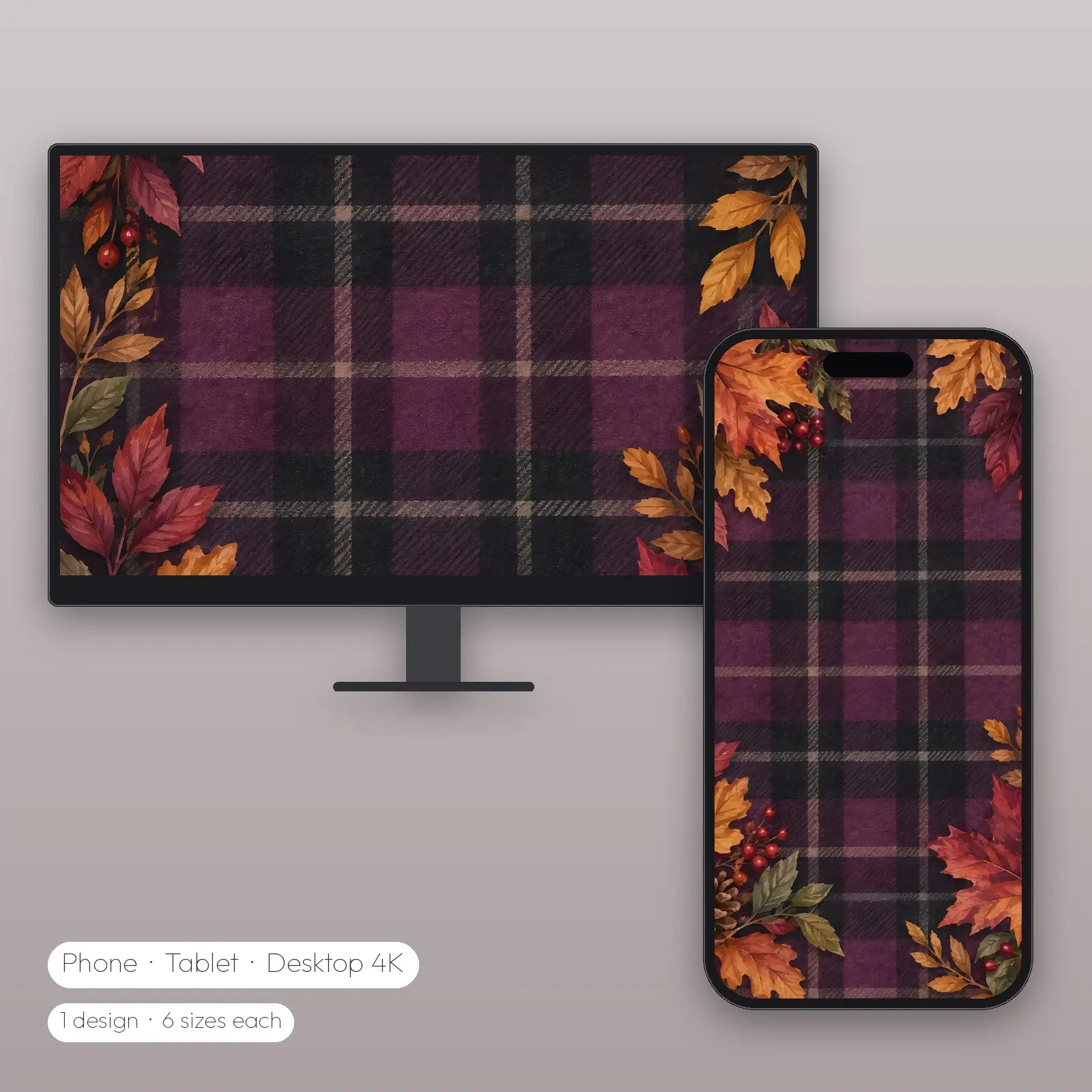 Plum Plaid With Leaf Border Wallpaper – Phone, Tablet and Desktop 4K JPG preview