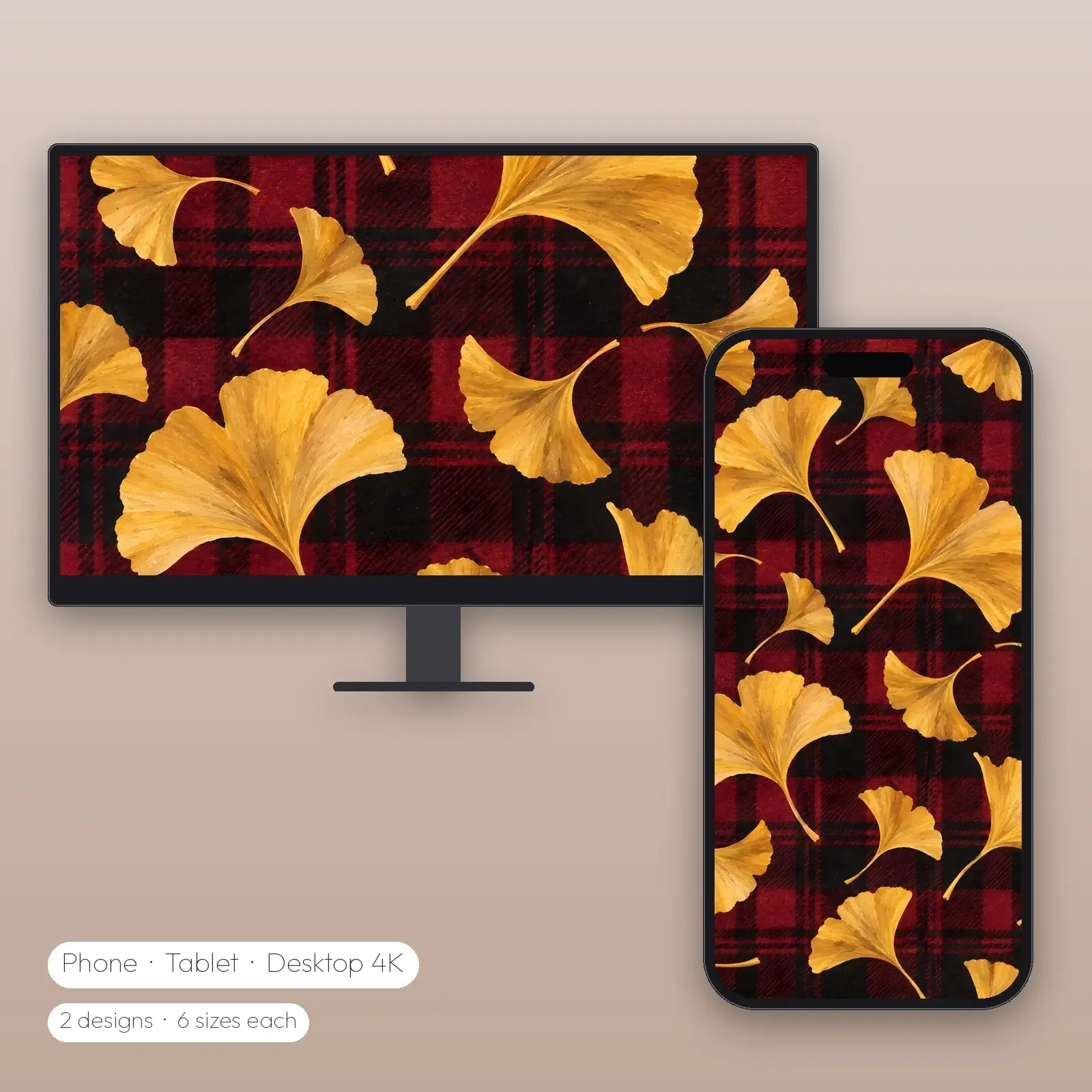 Ginkgo Burgundy Plaid and Mocha Cinnamon Plaid Leaf Wallpapers – 2 Designs, Phone Tablet Desktop 4K preview