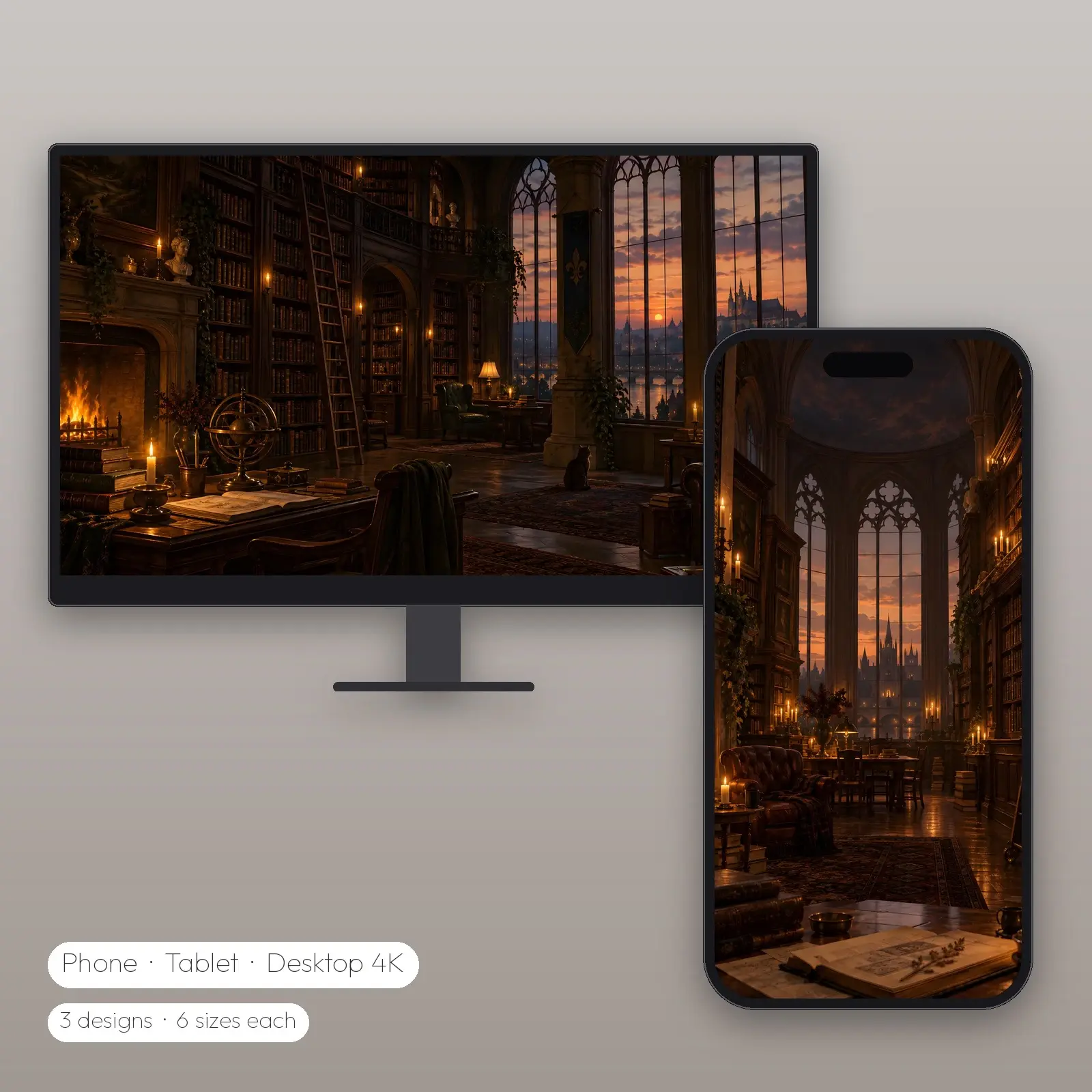 Candlelit Library Ladder – 3 Designs, Phone Tablet Desktop 4K preview