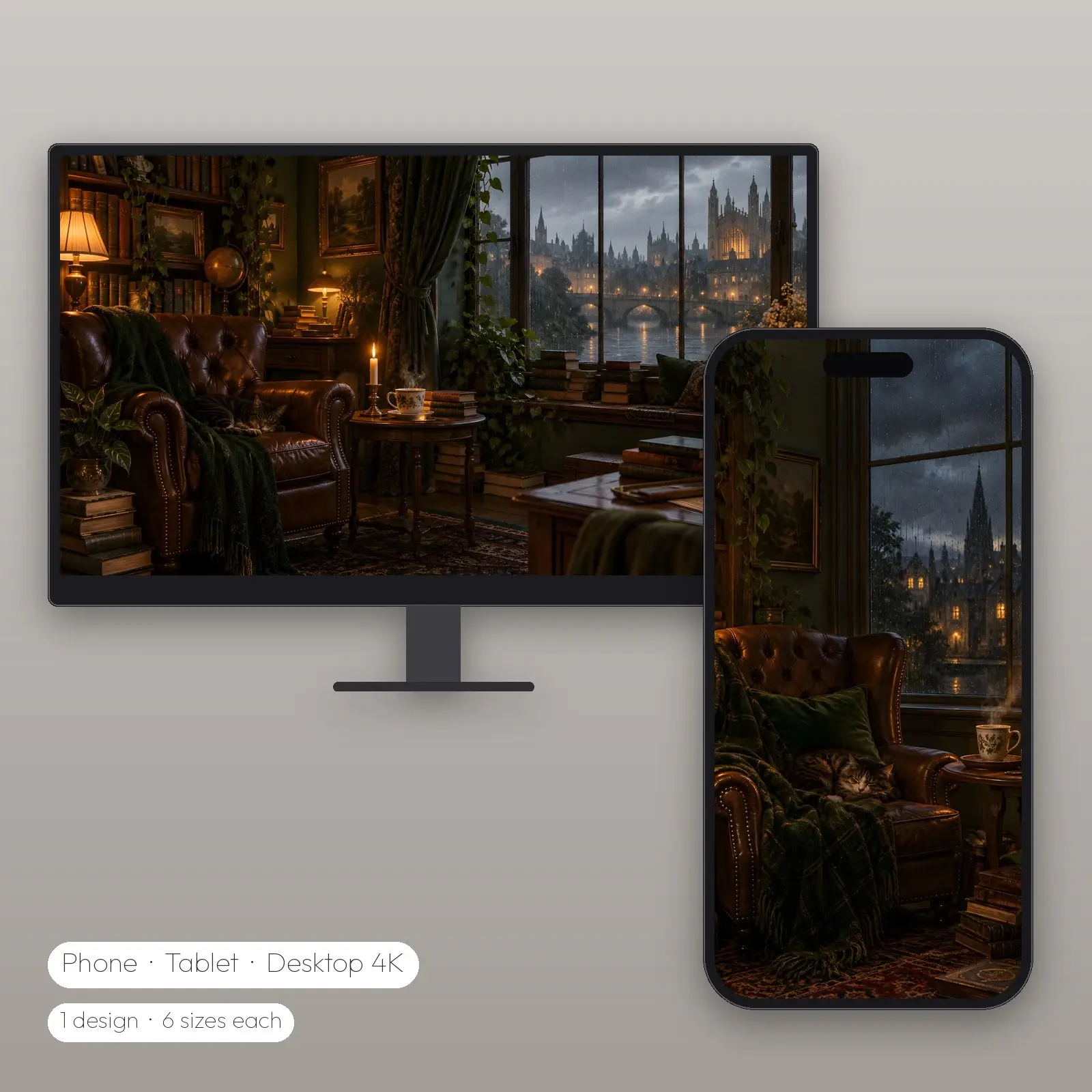 Rainy Library Window Seat Wallpaper – Phone, Tablet and Desktop 4K JPG preview