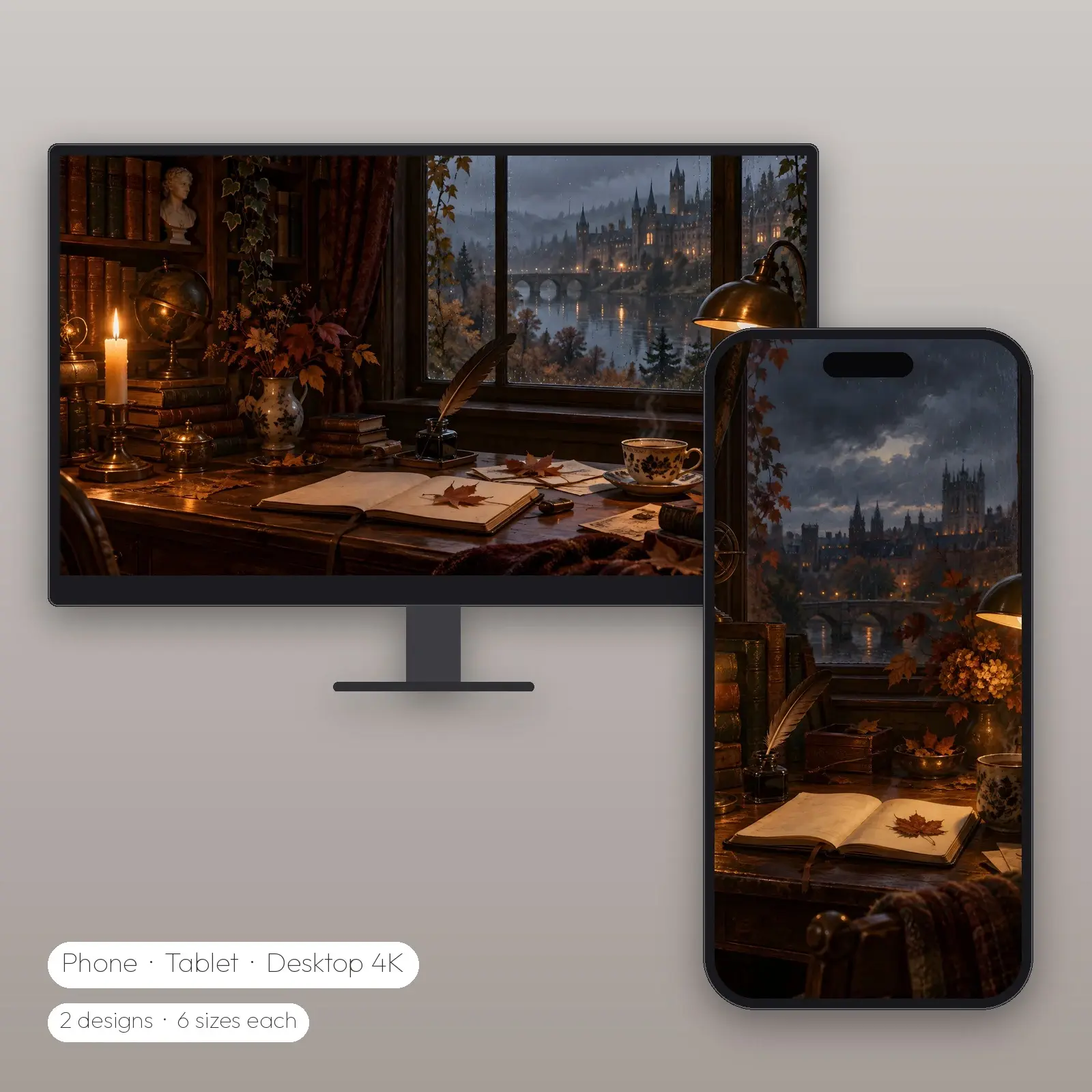Desk With Quill and Autumn Leaves – 2 Designs, Phone Tablet Desktop 4K preview