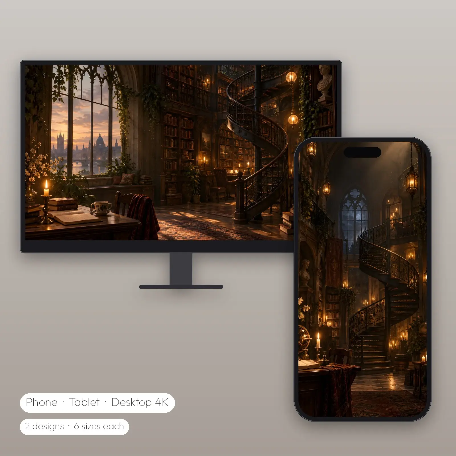 Spiral Staircase Between the Stacks – 2 Designs, Phone Tablet Desktop 4K preview