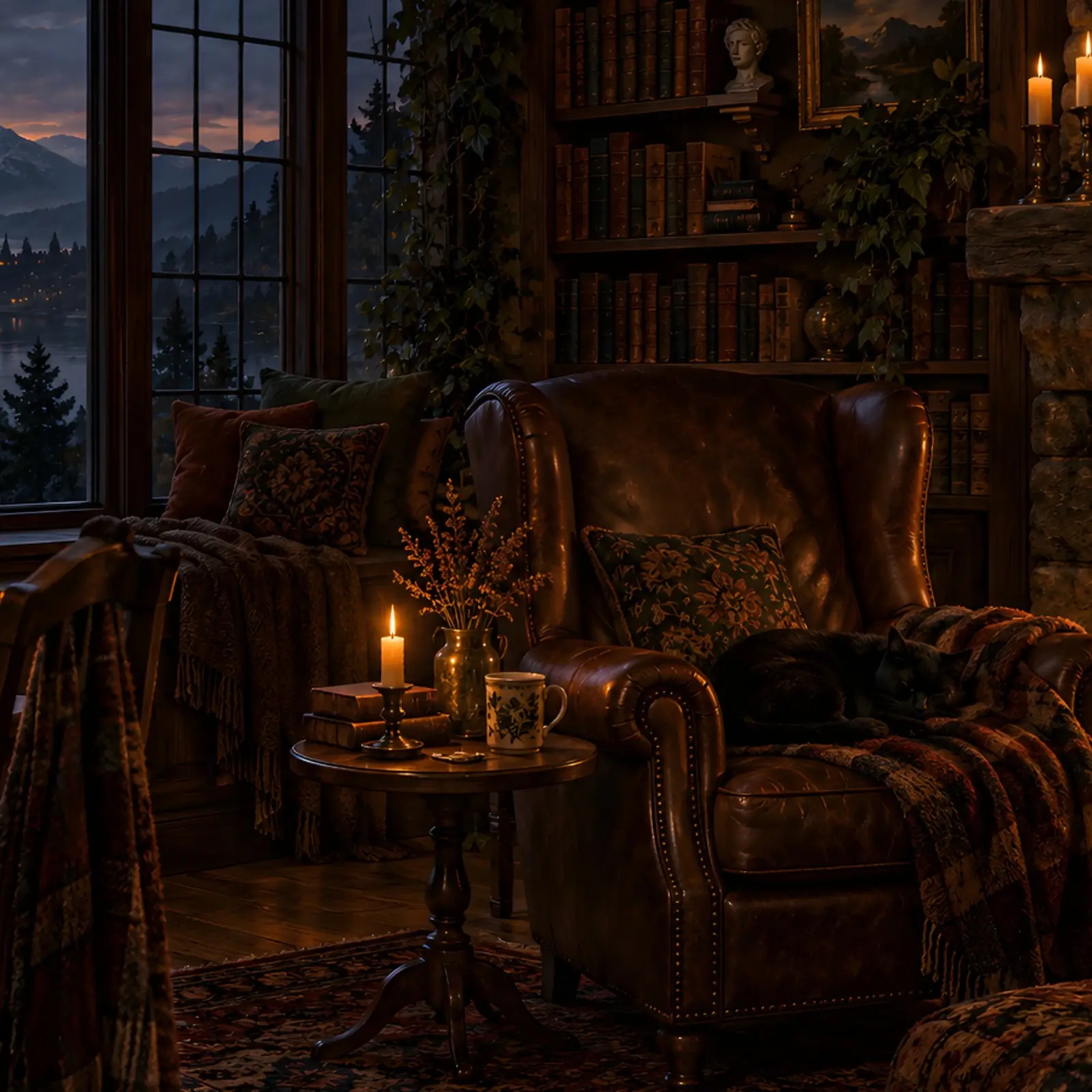 Fireplace and Sleepy Library Cat Wallpaper – Phone, Tablet and Desktop 4K JPG preview