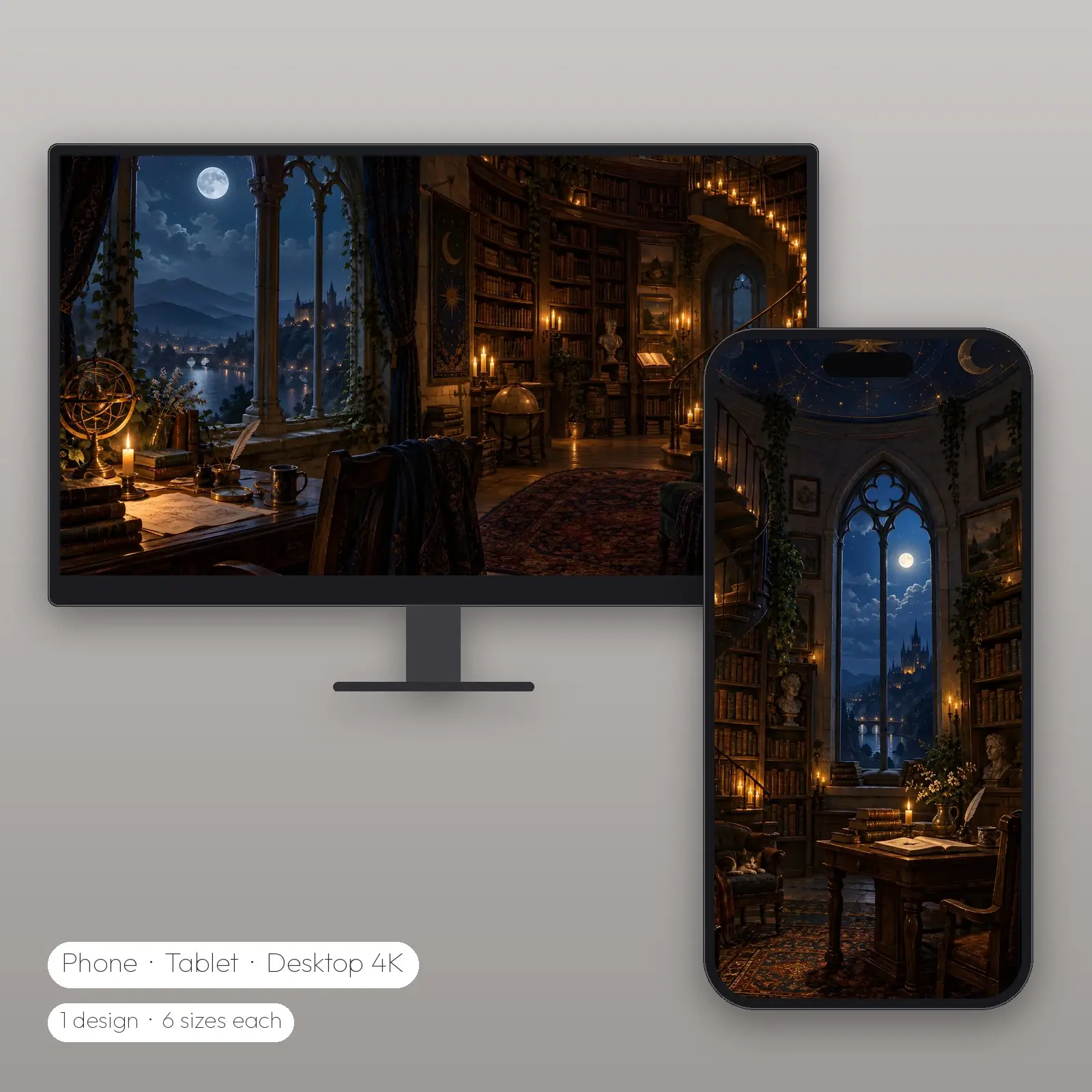 Moonlit Tower Study Wallpaper – Phone, Tablet and Desktop 4K JPG, preview 2 of 4