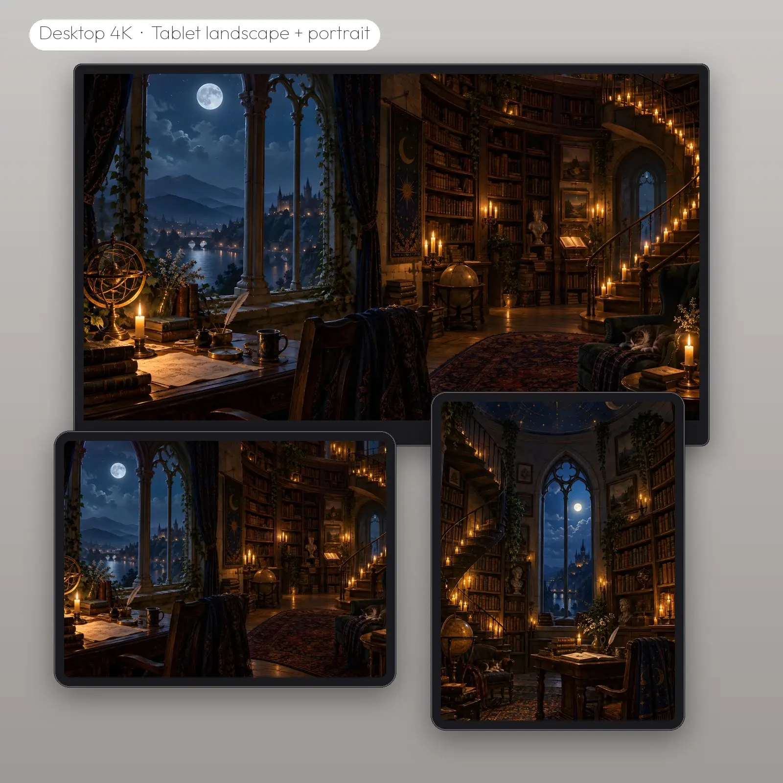 Moonlit Tower Study Wallpaper – Phone, Tablet and Desktop 4K JPG, preview 3 of 4