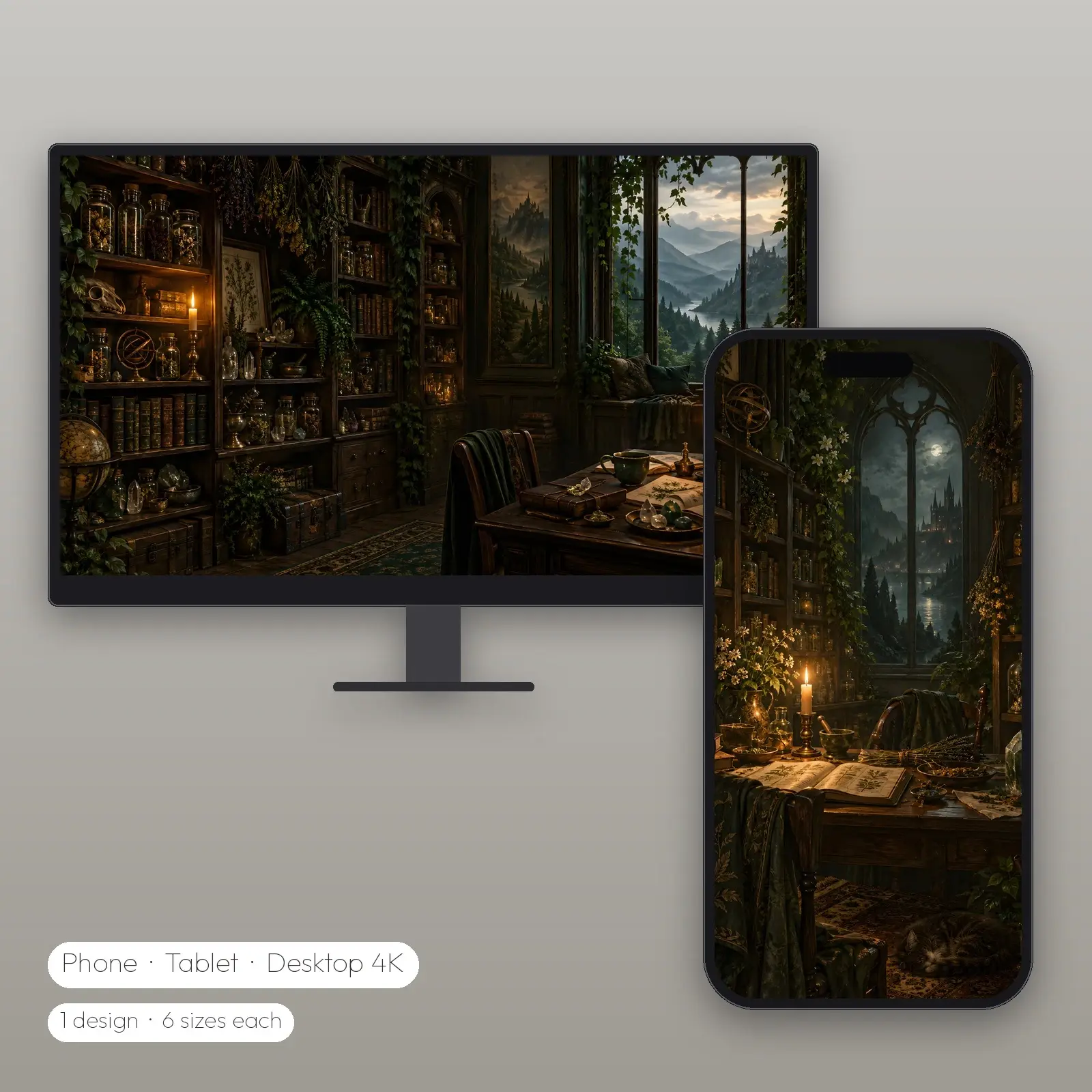 Alchemy Study Shelves Wallpaper – Phone, Tablet and Desktop 4K JPG preview